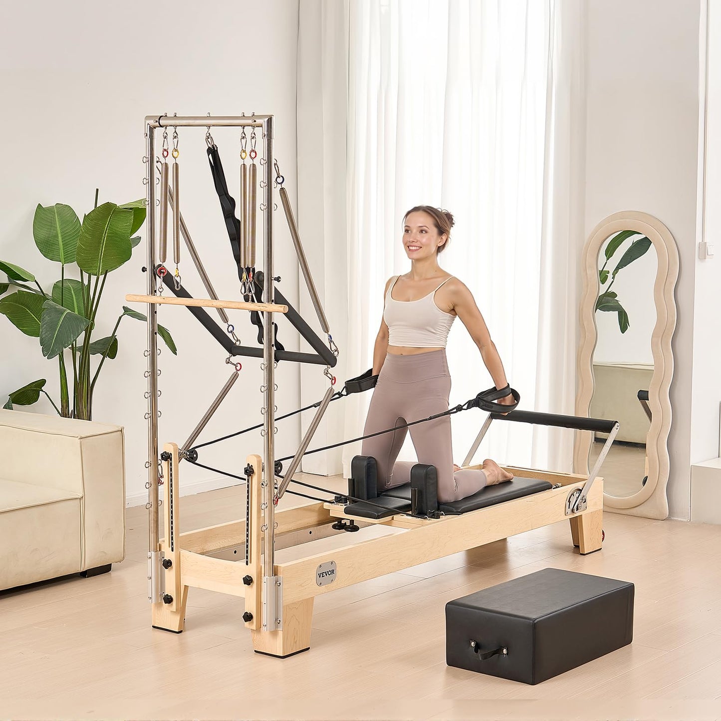 VEVOR Pilates Reformer, Wooden Pilates Machine for Home Gym Studio, Strength Training Workout Equipment with Dual Resistance, Reformer Box, Jump Board, for Advanced Users and Beginners, Up to 400 LBS