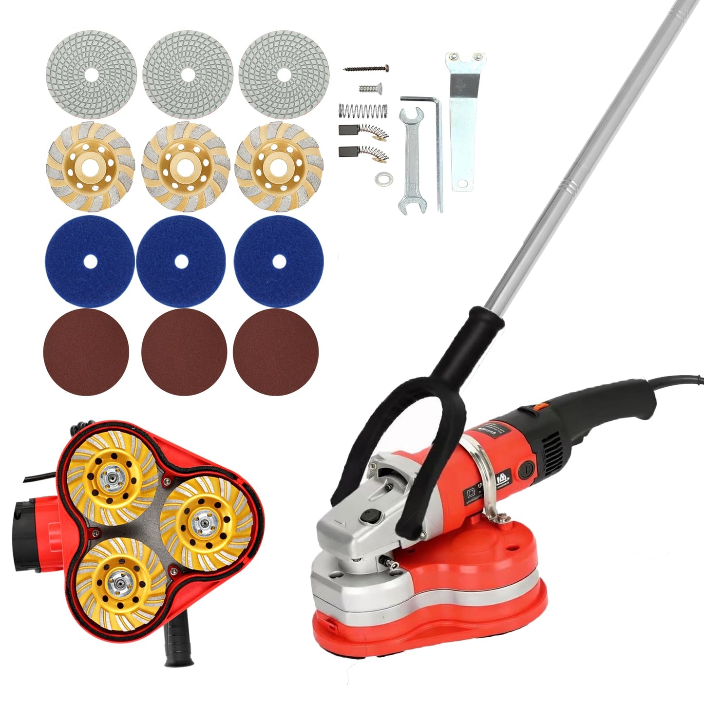 Electric Diamond Polisher Machine with Telescopic Rod，3800W Concrete Grinder Machine with 6-Speed Control & Dust Collection Cover, Floor Grinder for Grinding Concrete Deck Marble Granite