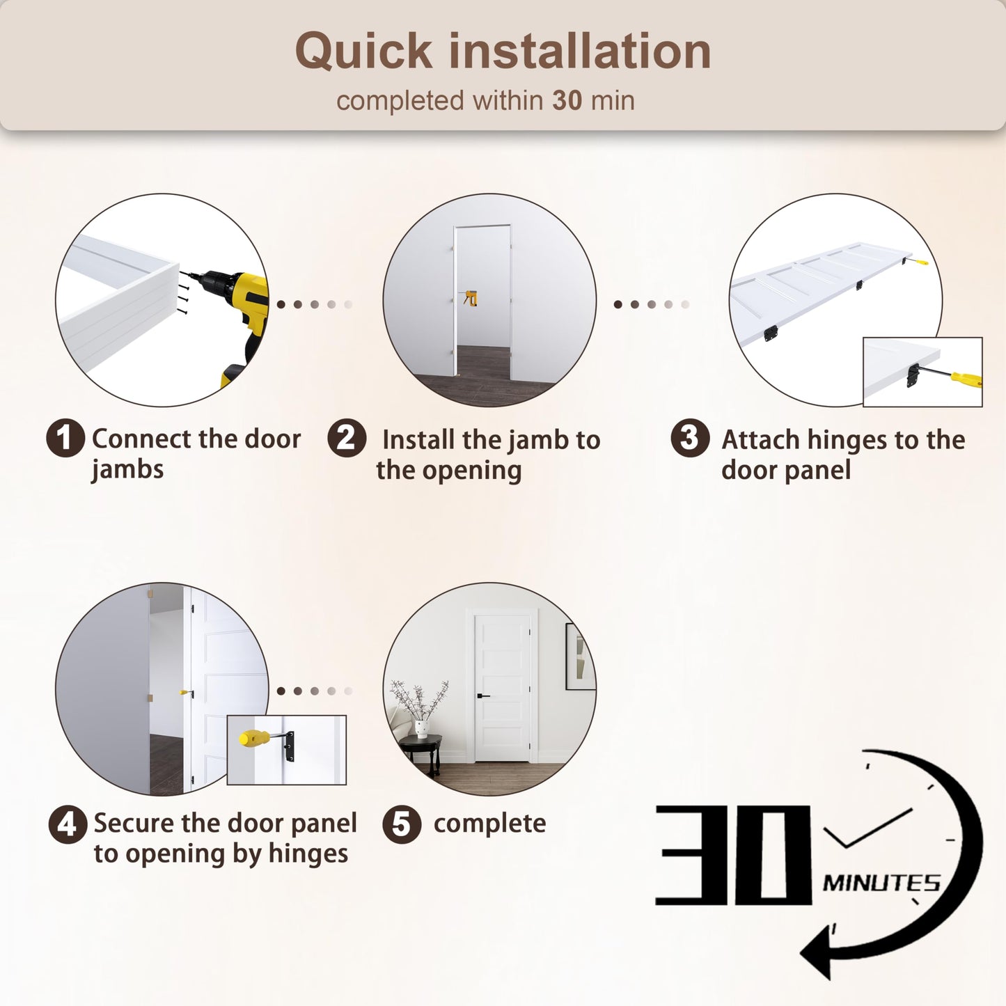 JUBEST 30"x80" Right-Hand Prehung Interior Door with Knock Down Jamb Kit & Matte Black Hinges, 5-Panel White Primed Hollow Core Molded Door Slab with Bore & Hinge Cutout, Durable & Sturdy, No Handle