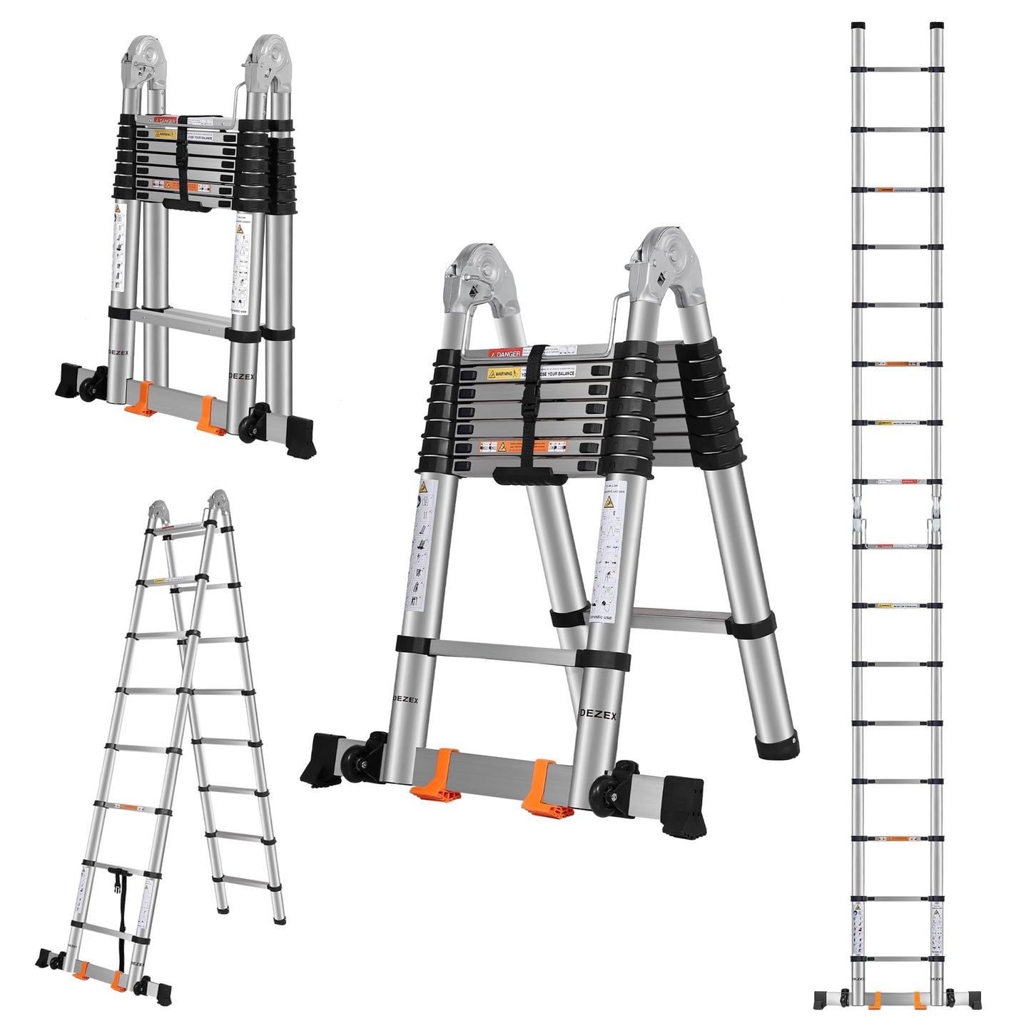 DEZEX A Frame Telescoping Ladders 16.5 FT Stainless Steel, Telescopic Ladder with Balance Bar and Movable Wheels, Multi-Purpose Collapsible Compact Ladder for Indoor Outdoor Work, 330lbs Capacity
