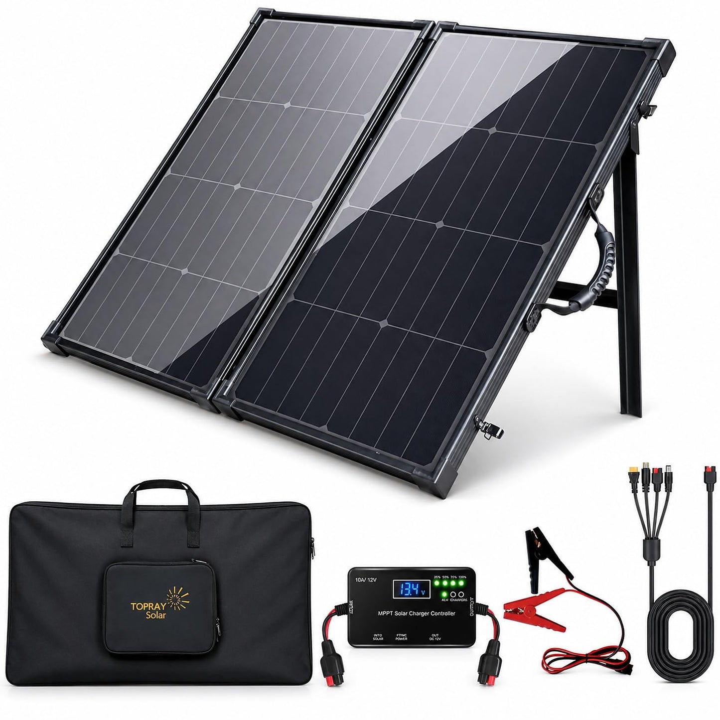 TOPRAY Solar 100W Portable Foldable Solar Panel Suitcase with 10A/12V MPPT Controller & 4-in-1 Adapter Cable, 25% High-Efficiency Solar Panel Charger for Portable Power Stations & 12V Batteries