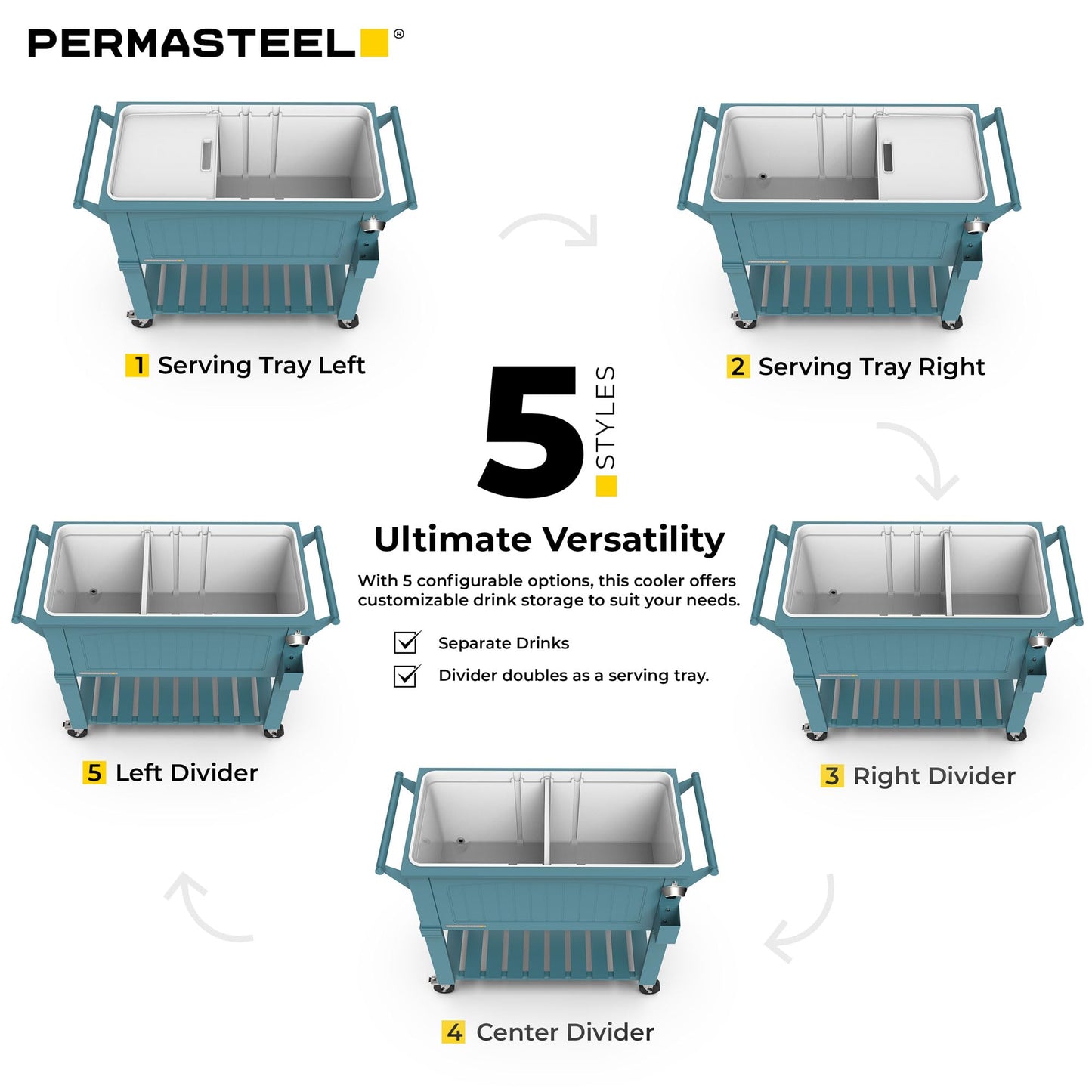 Permasteel Party Cooler with Divider, Spacious 80-Qt Capacity, Chills 36hrs, Serving Tray, Rolling Ice Chest for Indoor and Outdoor Entertainment, Matte Teal