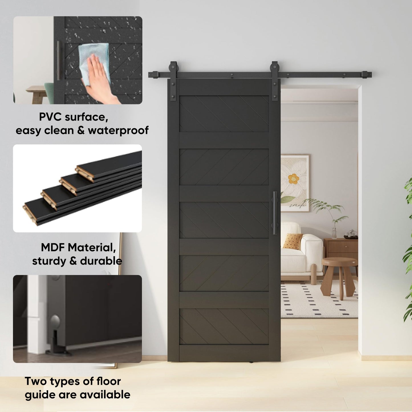 JUBEST 32" x 80" Barn Doors, Slding Barn Door Kit Wave Shape Door Panel with Hardware Kit Include, MDF Board & PVC Covered, Easy Installation, Black