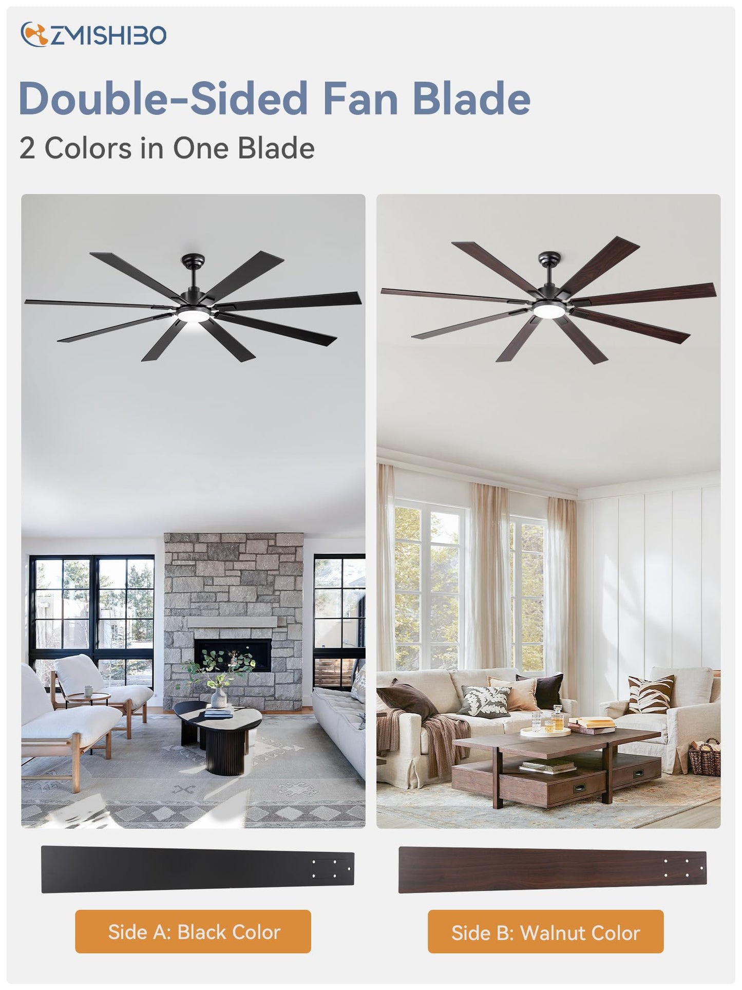 ZMISHIBO 80 inch Large Ceiling Fans with Lights and Remote, Indoor/Outdoor Black Modern Ceiling Fan for Kitchen Living Room Patio, 6 Speed Reversible Quiet DC Motor, 3 CCT, Dual Finish 8 Blades