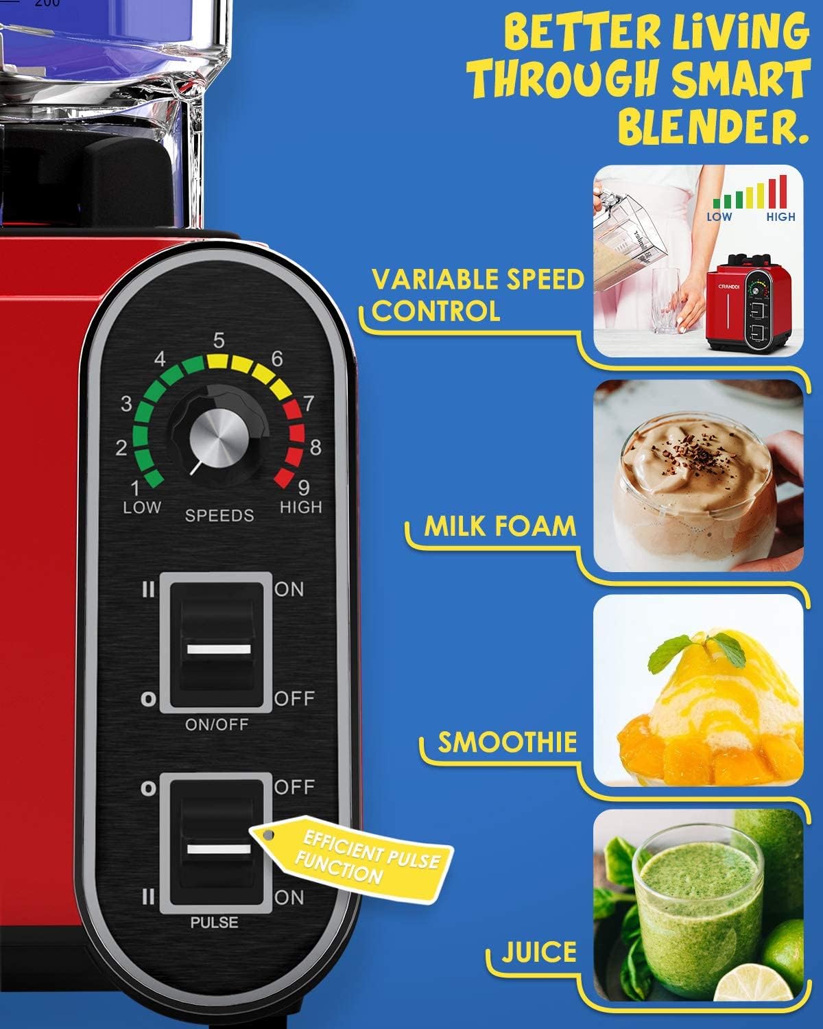 CRANDDI Smoothie Blender 52oz, 1800 Watt commercial blender, professional blenders, Stainless Steel Blade 9 Speed & Self-Cleaning, Build-in Pulse, K98C Red