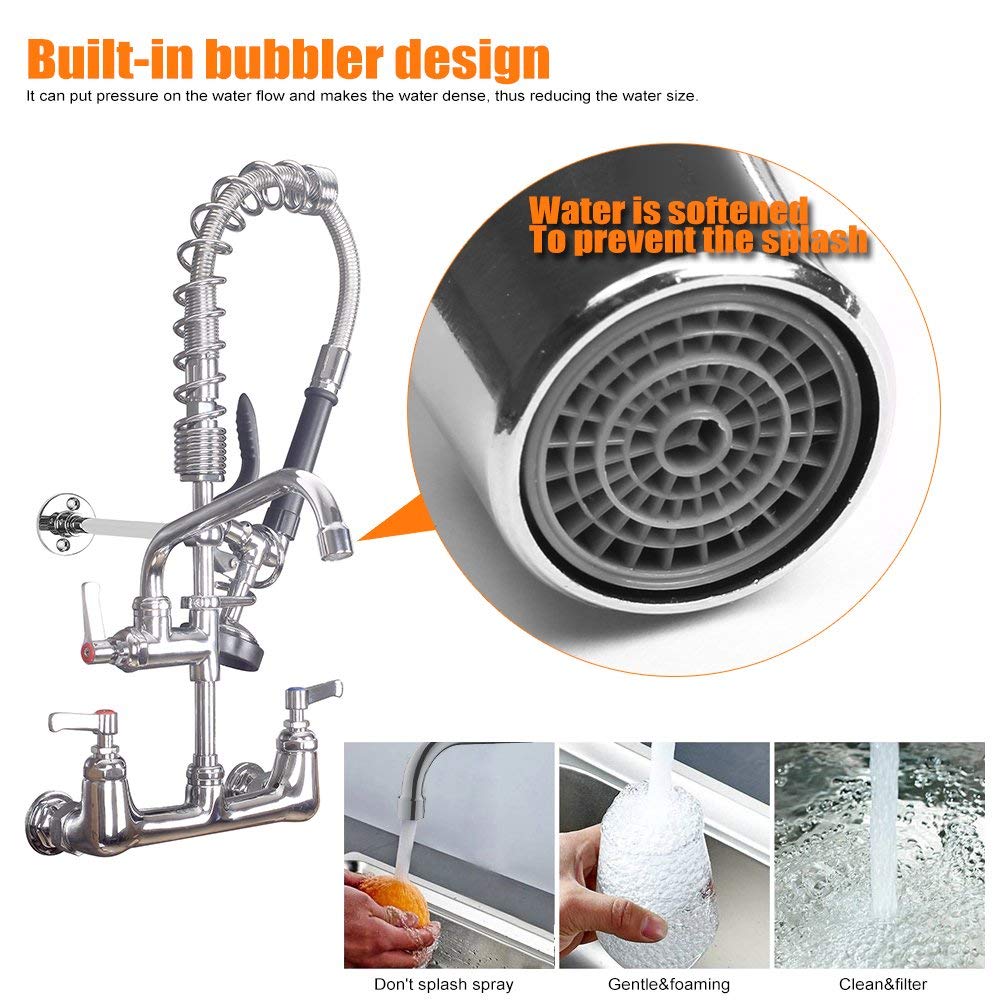 MSTJRY Commercial Faucet with Sprayer 20" Height, 8" Center with 8" Spout Commercial Wall Mount Kitchen Sink Faucet Pre Rinse Sprayer,for 1/2 Compartment Sink (Polished Chrome,Brass)