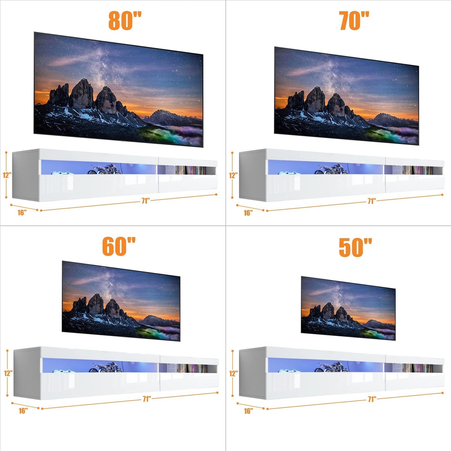 EXQUAL Solid Wood Floating TV Stand, Wall Mounted TV Shelf with Led Lights & Power Outlet, 71" Modern Entertainment Center Media Console with Storage, High Gloss TV Cabinet for 65/75/80 inch TV
