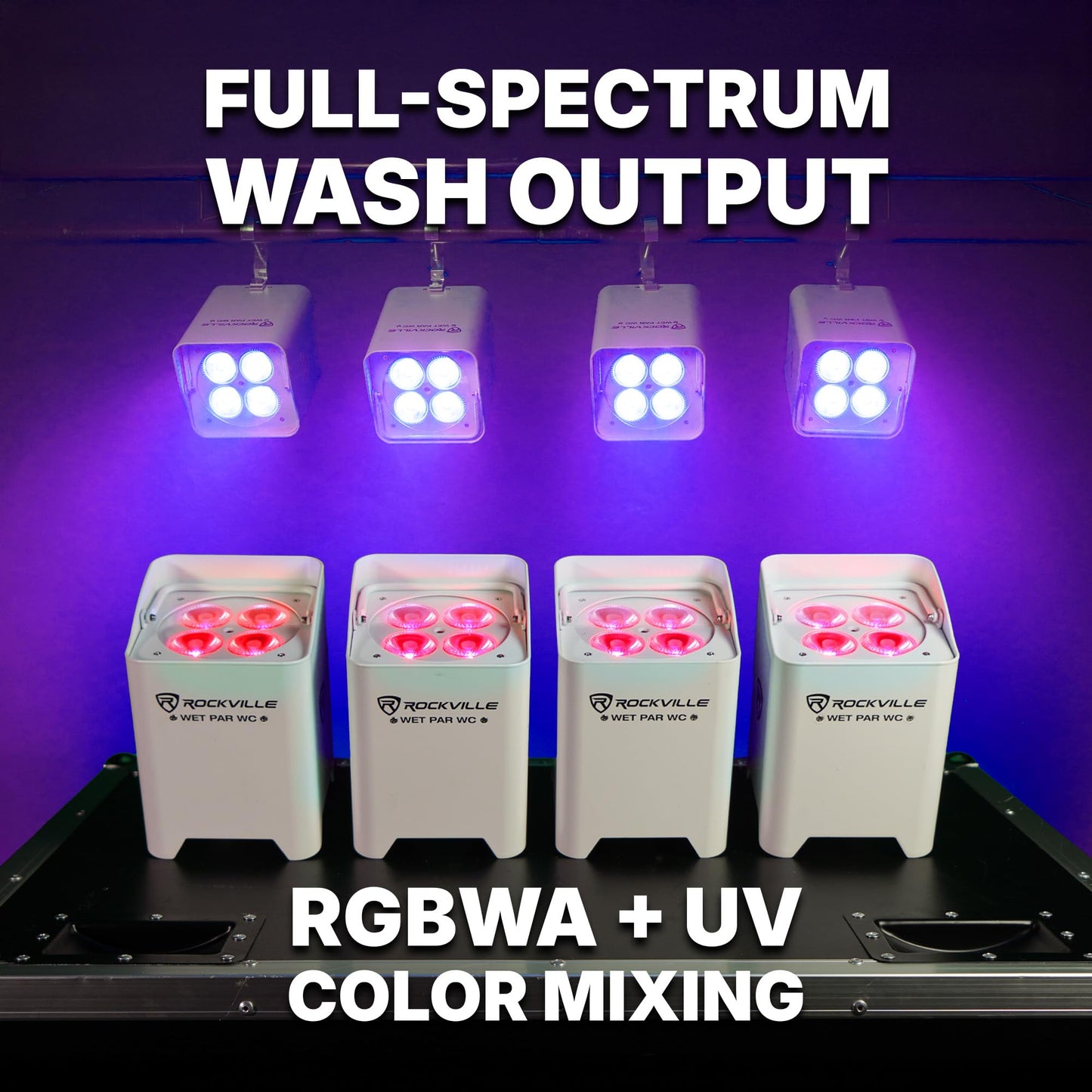 Rockville Wet PAR WC Package Black 18W RGBWA+UV Par Wash Lights, Wireless Charging Case, IP65 Water-Resistant, App-Controlled, for DJ Events and Venues (6 Lights)