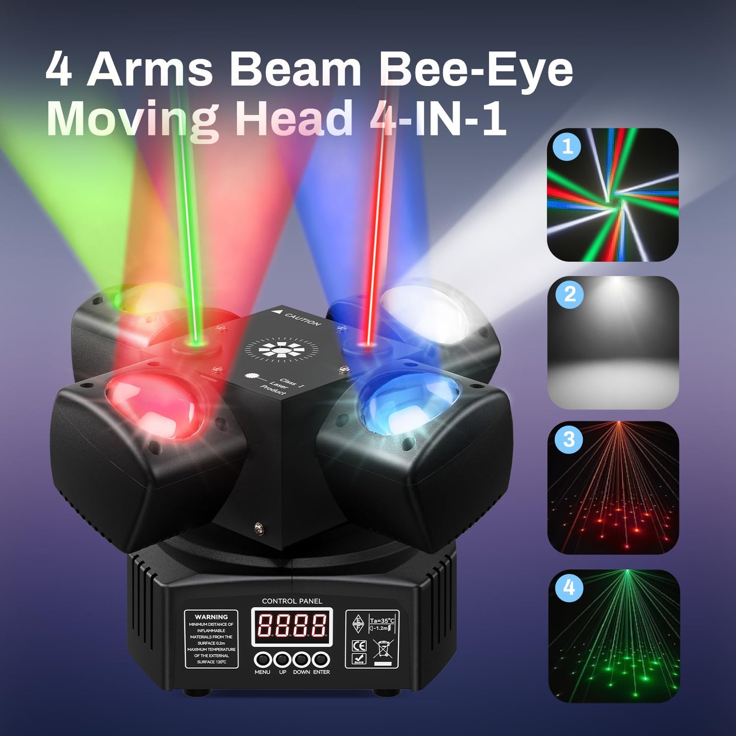 EYTSE Moving Head DJ Lights, 4-in-1 RGBW with DMX-512 & Sound Activated, Stage Light with Red Green Starry, White & Amber Strobe, Perfect Stage Lights for Party Disco Club Wedding Bar