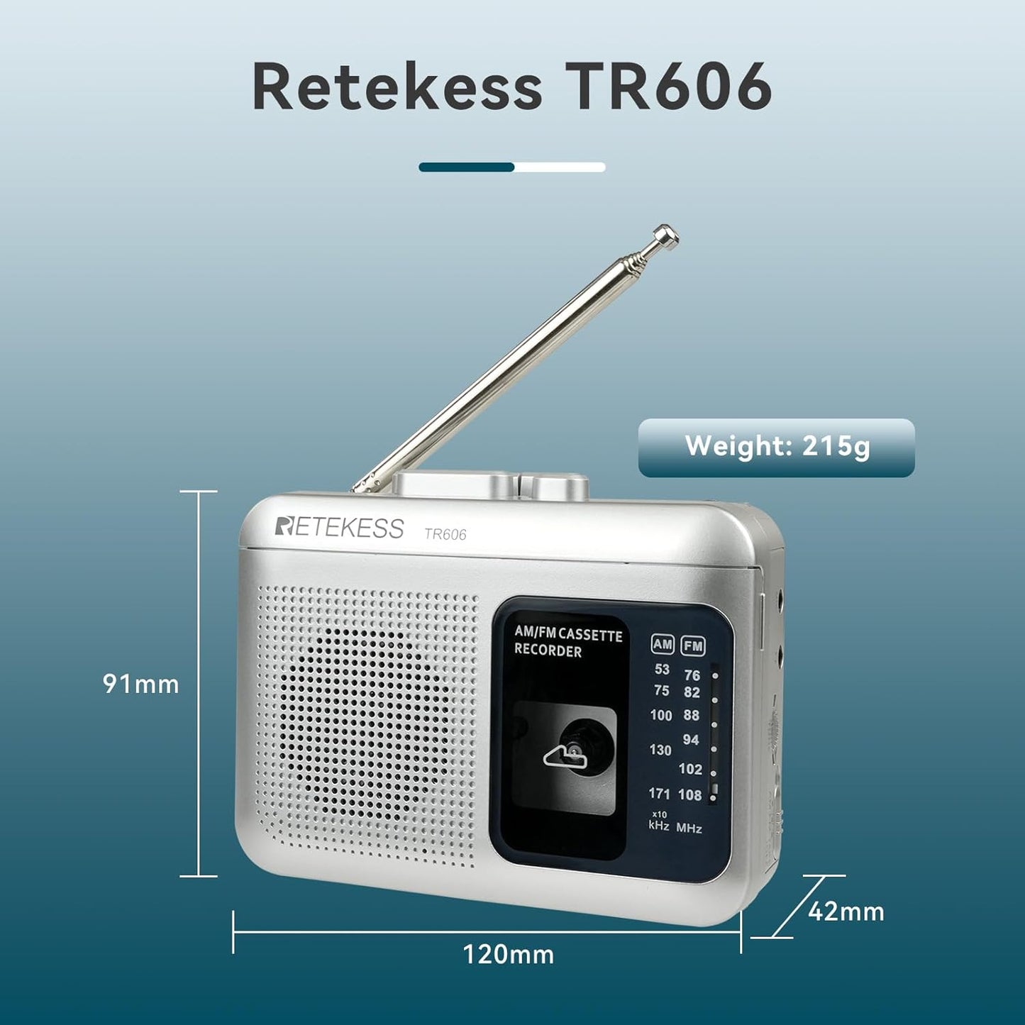 Retekess TR606 Cassette Cassette Tape Recorder Player, AM FM Players, Supports Voice/AUX Line in Record, Powered by DC