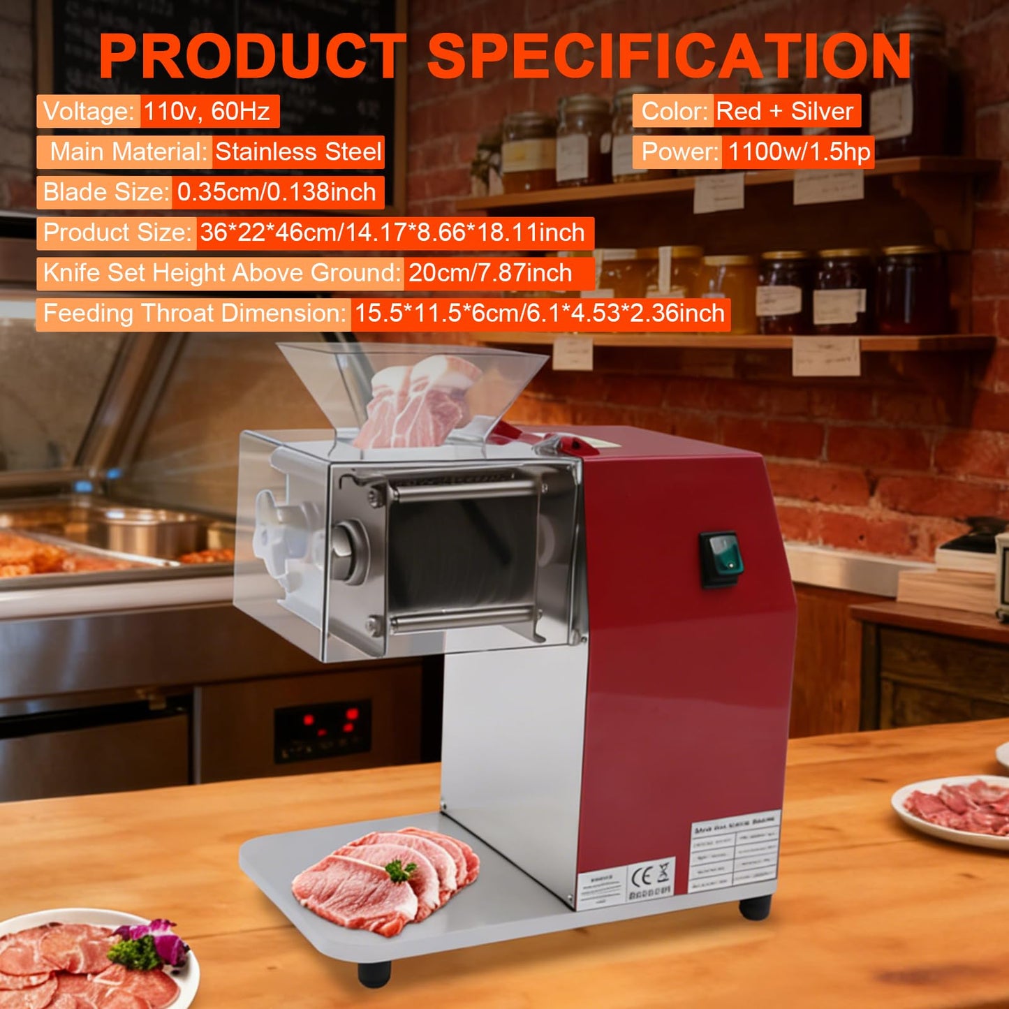 1100W Meat Cutter Machine，Commercial Meat Slicer Cutting Machine with Large Inlet 3.5mm Stainless Steel Meat Slicer Shredder for Cutting Boneless Meat Chicken Lamb Beef, Vertical Operation
