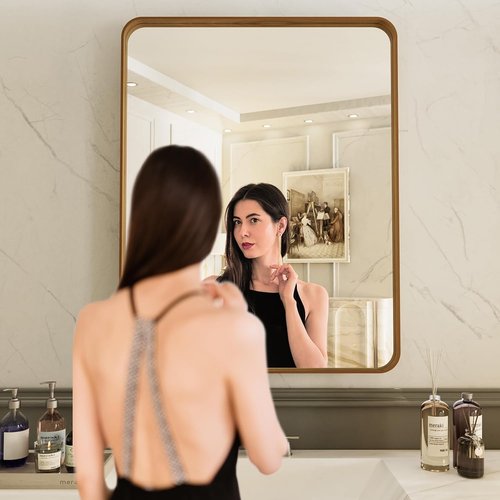 LOAAO Bathroom Mirror - 22X30 Inch Rounded Rectangle Design with Wood Grain Metal Frame | Anti-Rust, Versatile Hanging Options
