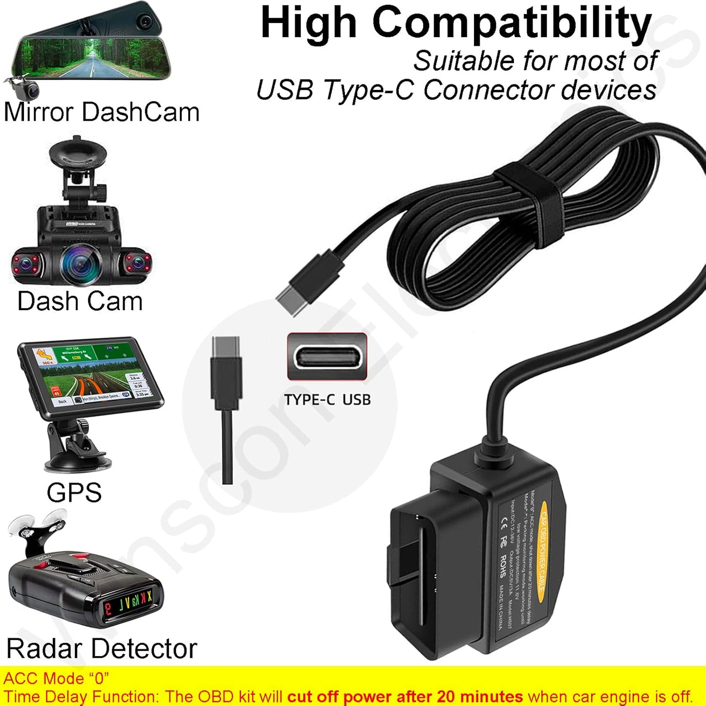 Redsia 12-24V 5V/3A 24h Dash Cam Hardwire Kit OBD, Dash Camera USB Type C Hardwire Kit OBD Power Charging Cable