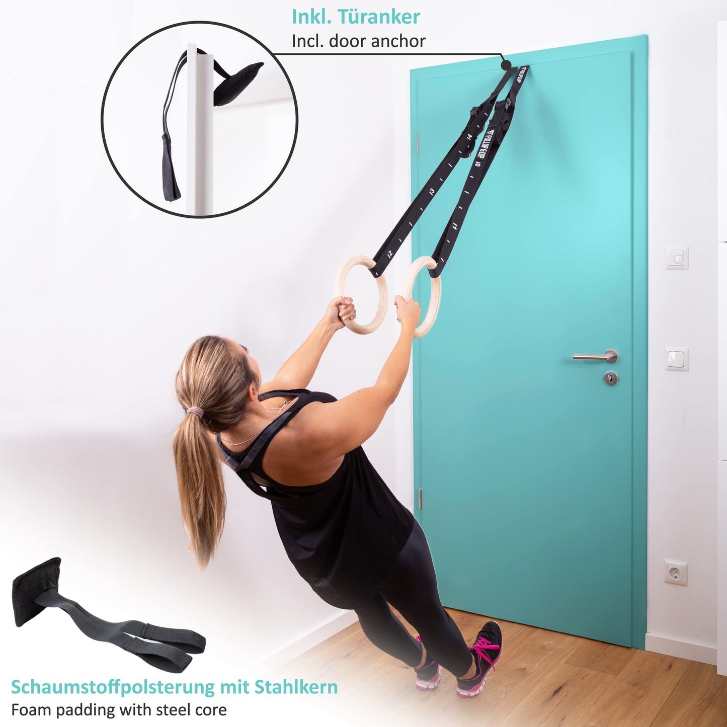 PULLUP & DIP Premium Gymnastic Rings, Wooden Gym Rings for Calisthenics - Wide Straps with Length Markings + Door Anchor + Carry Bag + Exercise Guide, Calisthenics Rings