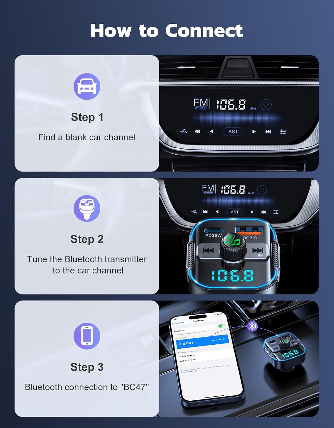 RIWUSI 5.3 36W+QC3.0 18W, 2-in-1 Bluetooth Car AdapterPD FM Bluetooth Transmitter Dual Stronger Mics& Fast Car Charger
