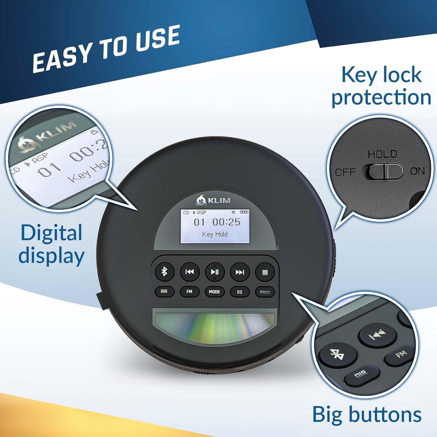 KLIM Discman MP3 Nomad Portable CD Player with Long-Lasting Battery - with Headphones - Radio FM - Compatible CD Player