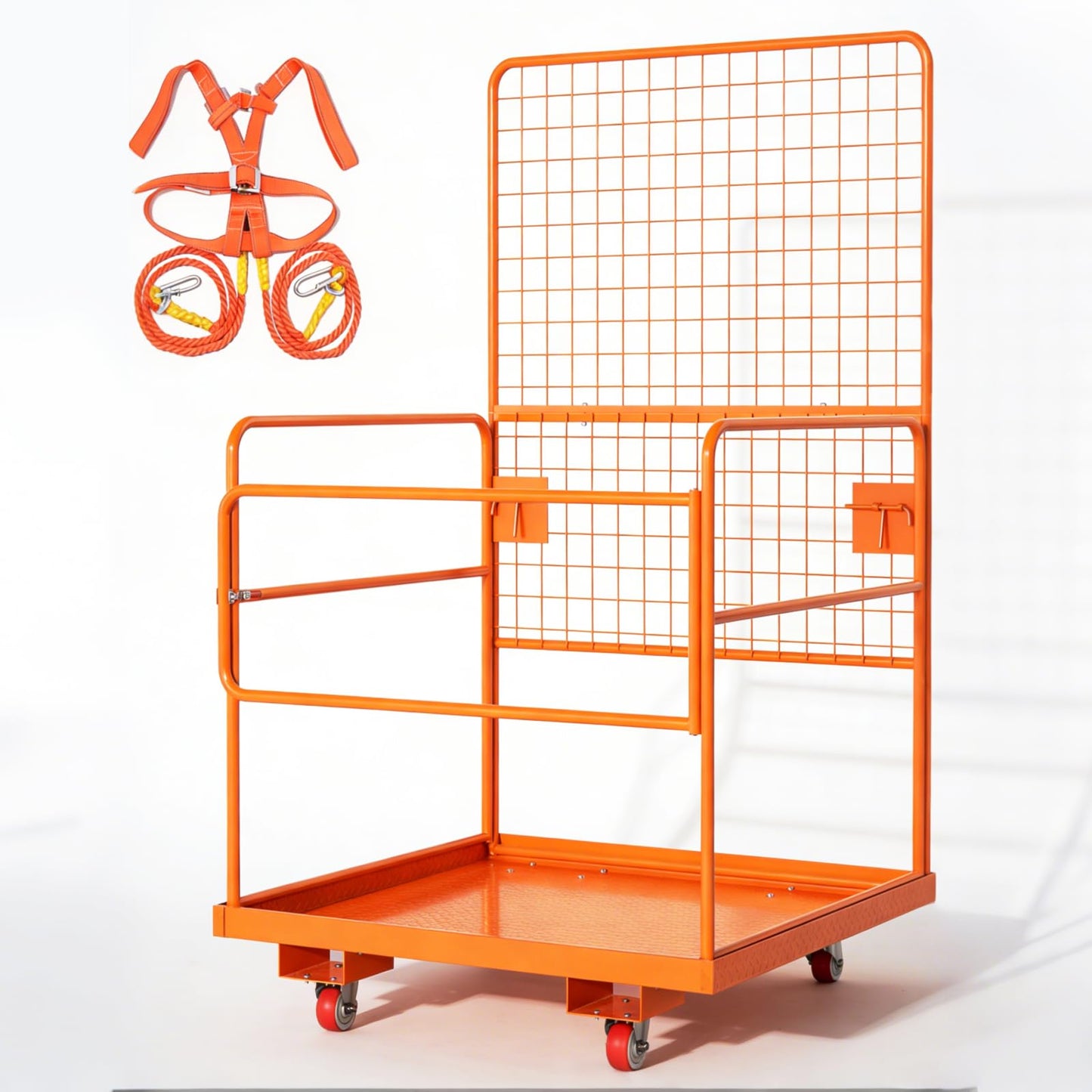 45 in x 43 in Forklift Cage, Max. 2200 LBS Forklift Man Basket with Harness & Wheels, Foldable Work Platform, Lift Basket Aerial Rails for Lifting Loader