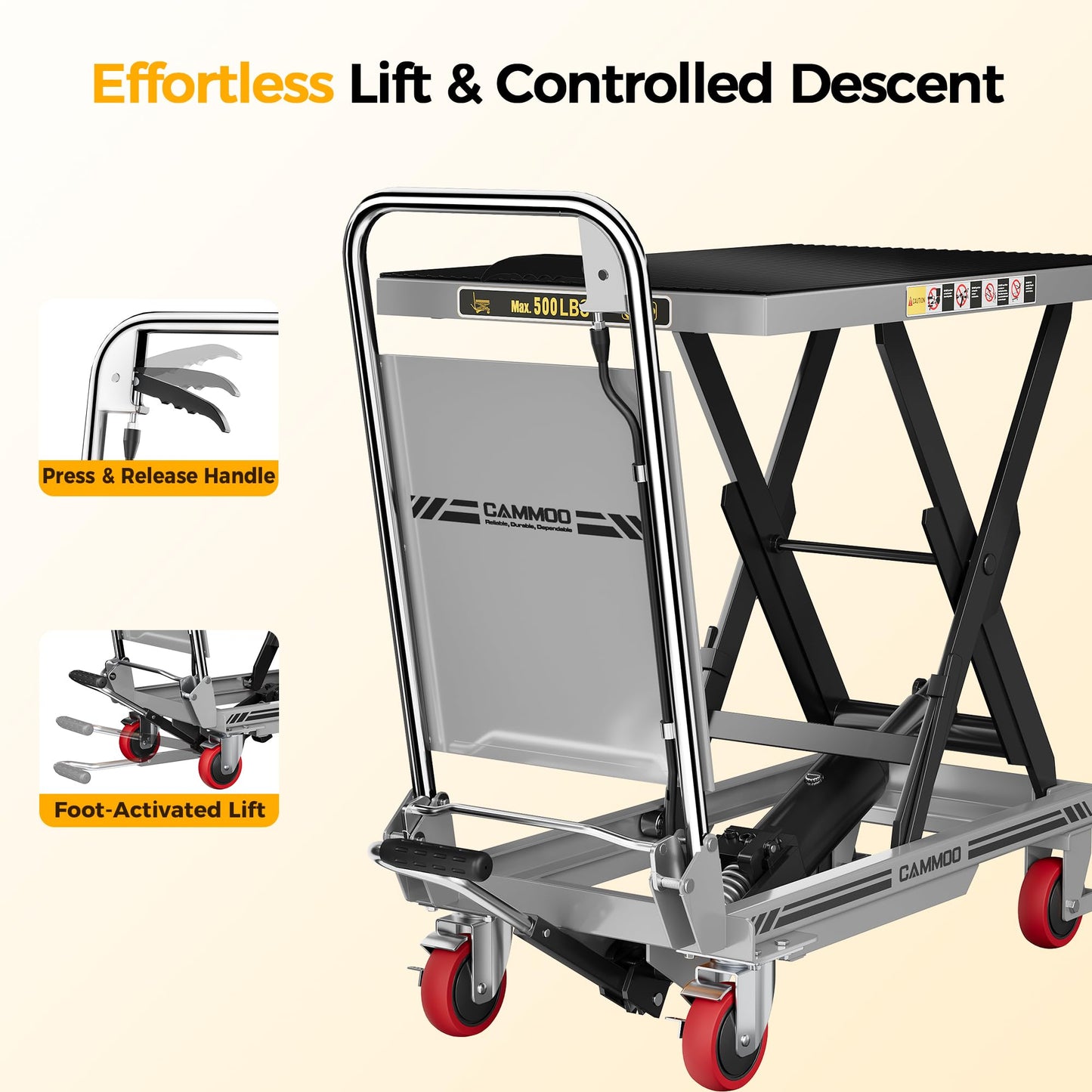 CAMMOO Hydraulic Lift Table Cart, 500lbs Capacity, 28.5" Lifting Height, Single Scissor Lift with Non-Slip Pad & Safety Guard Foldable Handle for Material Handling and Transportation, Gray