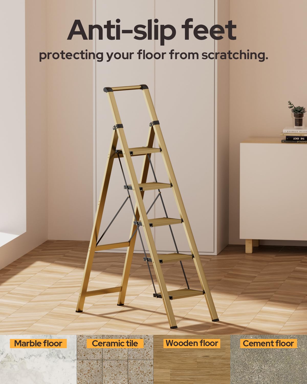 GameGem 5 Step Ladder for 10 Feet High Ceiling, Lightweight Aluminum Folding Step Stool with Convenient Handgrip, Stepladders with Anti-Slip and Wide Pedal for Home Use Space Saving - Gold