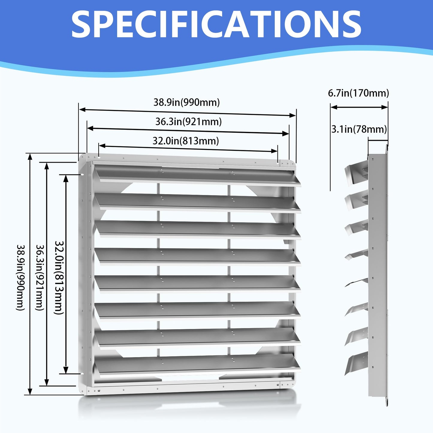 36 Inch Galvanized Shutter Exhaust Louver Vent, Automatic Gravity Shutter Louver Vent for Home Attics, Workshops, Barn, Greenhouse (Motor&Blades are not Included)