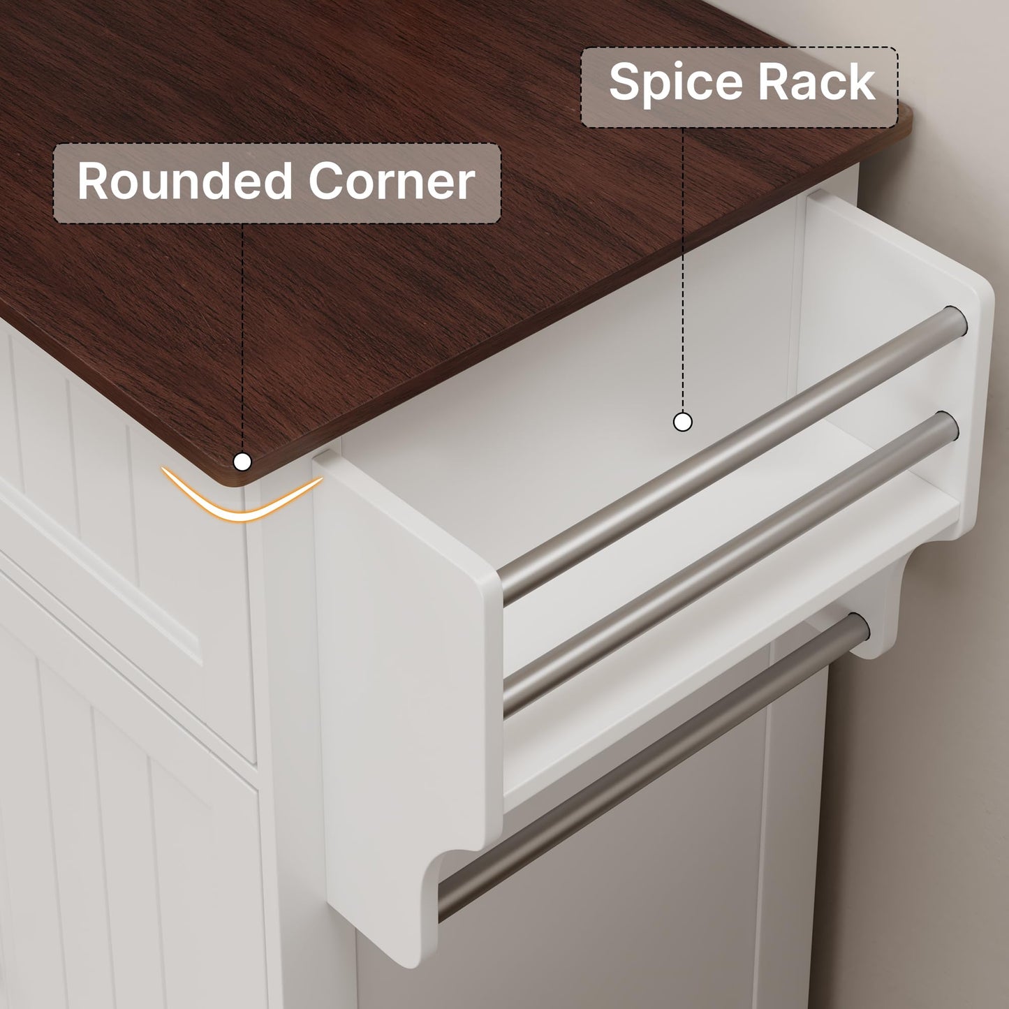 Gizoon Kitchen Island Cart with Adjustable Shelf, 33" W White Mobile Trolley Cart on Metal Wheels with Drawer & Storage Cabinet, Spice Rack & Towel Rack, for Dining Room, Bar, Retro Wooden Countertop