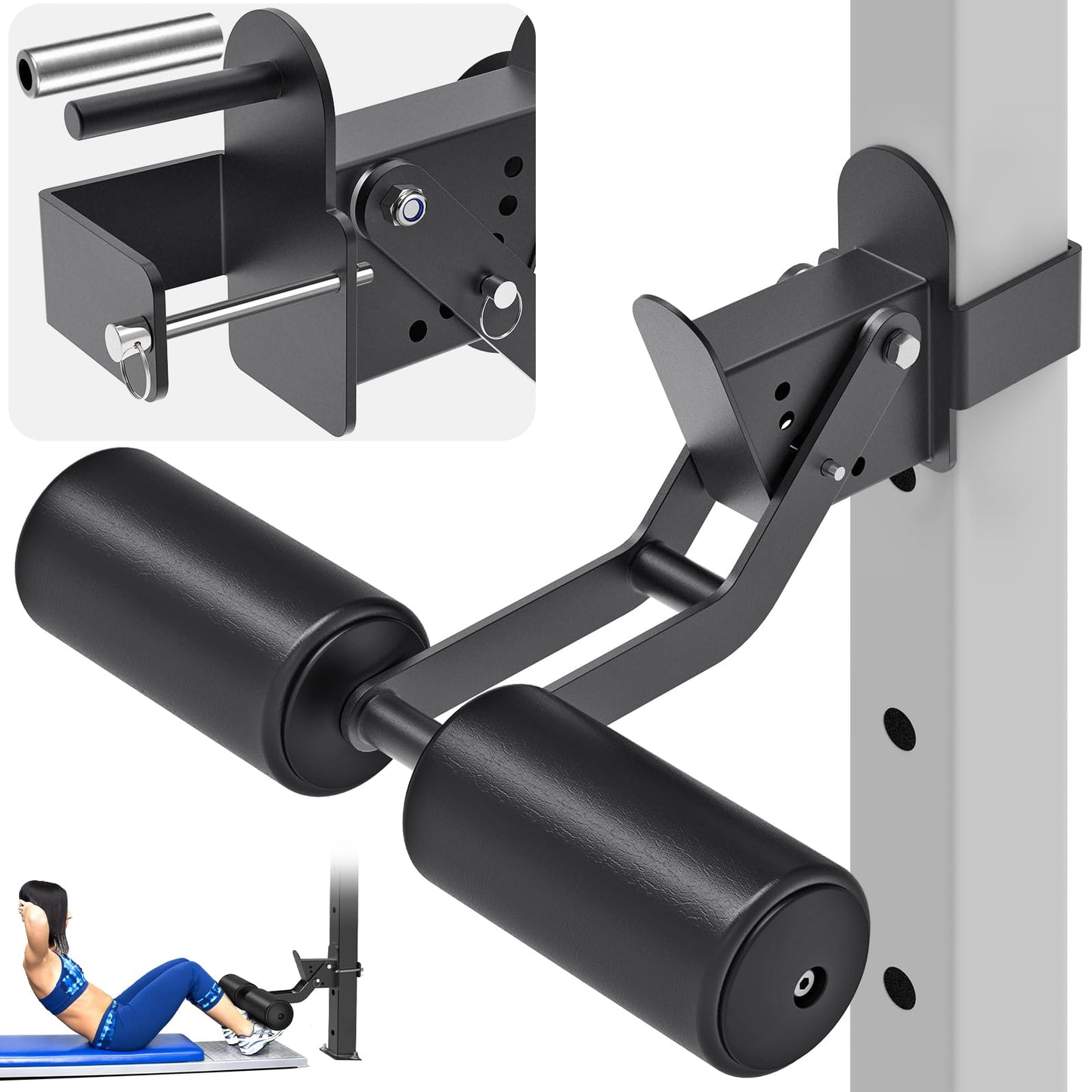 Kipika Nordic Hamstring Curl Squat Rack Attachment for Power Rack with 5/8" or 1" Hole - Adjustable Leg Hold Down Attachment with Premium Leather Surface (for 3" x 3" Power Cage with 5/8" or 1" Hole)