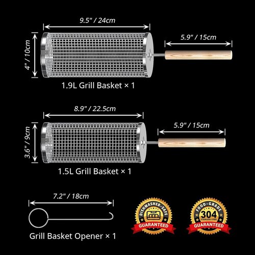 Ivtivfu Rolling Grill Basket - 304 Stainless Steel BBQ Tool with Removable Wooden Handle | Perfect for Outdoor Cooking & Camping