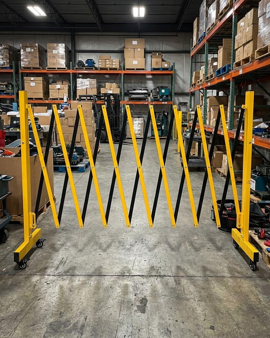 Expandable Barricade 8 ft, Industrial Metal Retractable Traffic Fence with Locking Casters, Portable Folding Security Gate for Construction, Crowd Control & Driveway