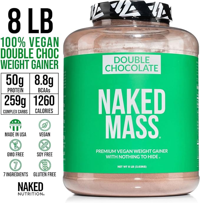 NAKED Vegan Mass - Double Chocolate Weight Gainer - 1,260 Calories, 50G Protein, Nothing Artificial, All Natural Chocolate Protein Powder, Non-GMO, Soy & Gluten Free - 8LB Bulk - 11 Servings