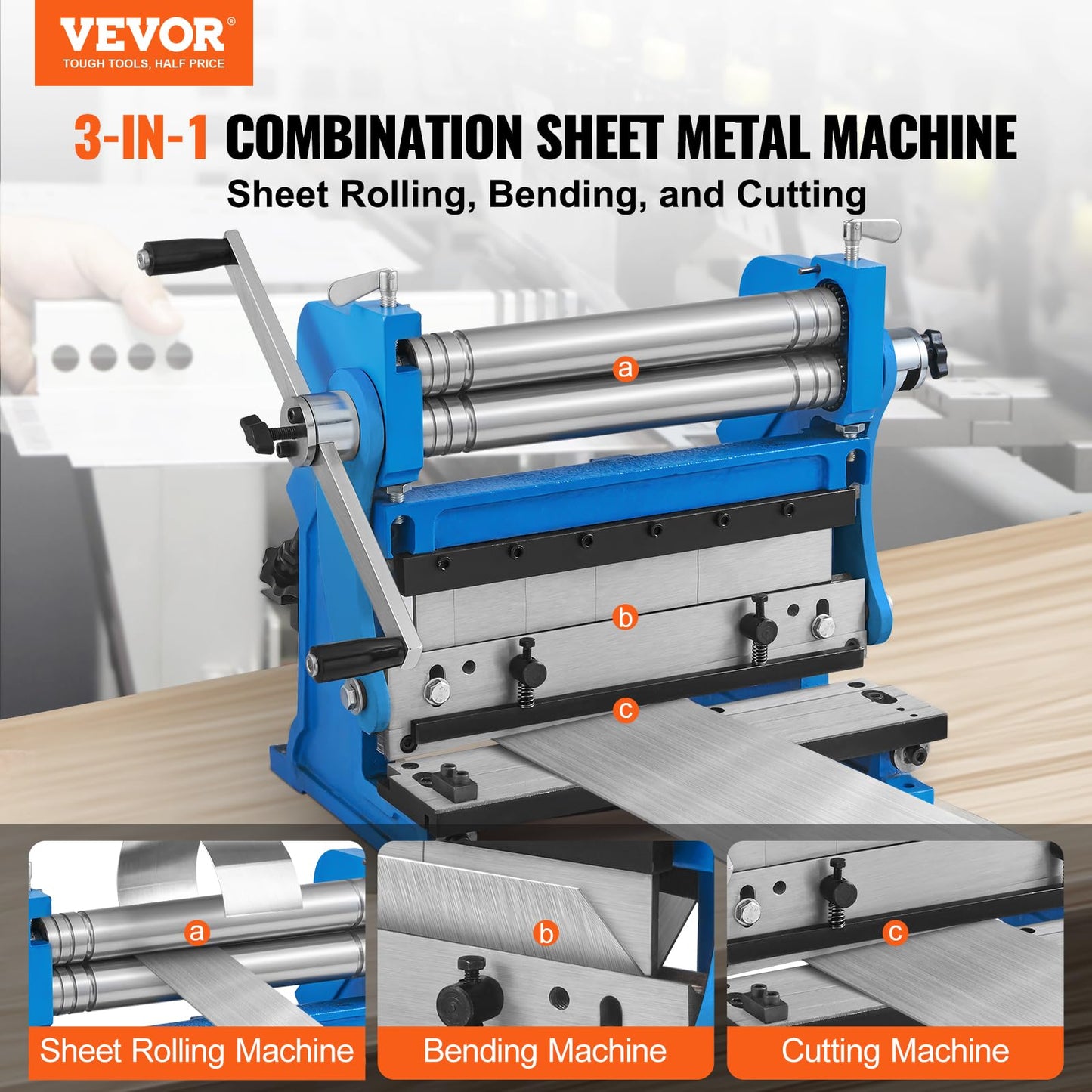 VEVOR Sheet Metal Brake, 12-inch, 3-In-1 Combination Shear Brake Roll Machine, 20-Gauge Capacity Shear Press Brake with 90° Max Bending Angle, Shears and Slip Roll Machine for Shear Bending Rolling