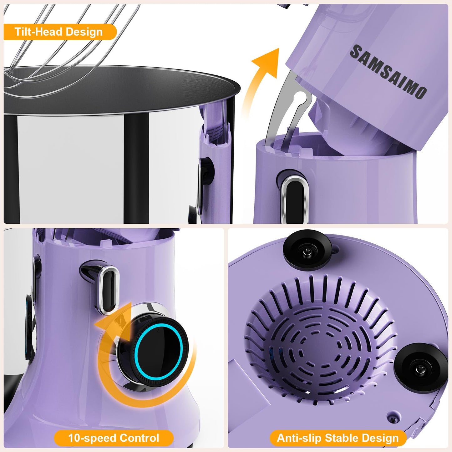 SAMSAIMO 3-IN-1 Electric Stand Mixer, 10-Speed With Pulse Button, Attachments include 6.5QT Bowl, Dough Hook, Beater, Whisk for Most Home Cooks (Purple)