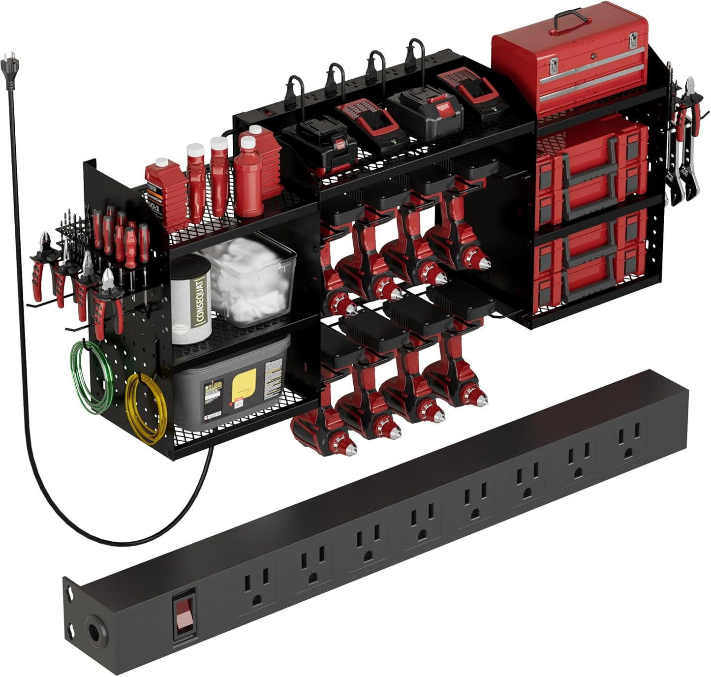 Power Tool Organizer - Heavy-Duty Wall Mount Storage Rack with Charging Station & 8 Outlet Power Strip | 51 Inch 3 Tier Design