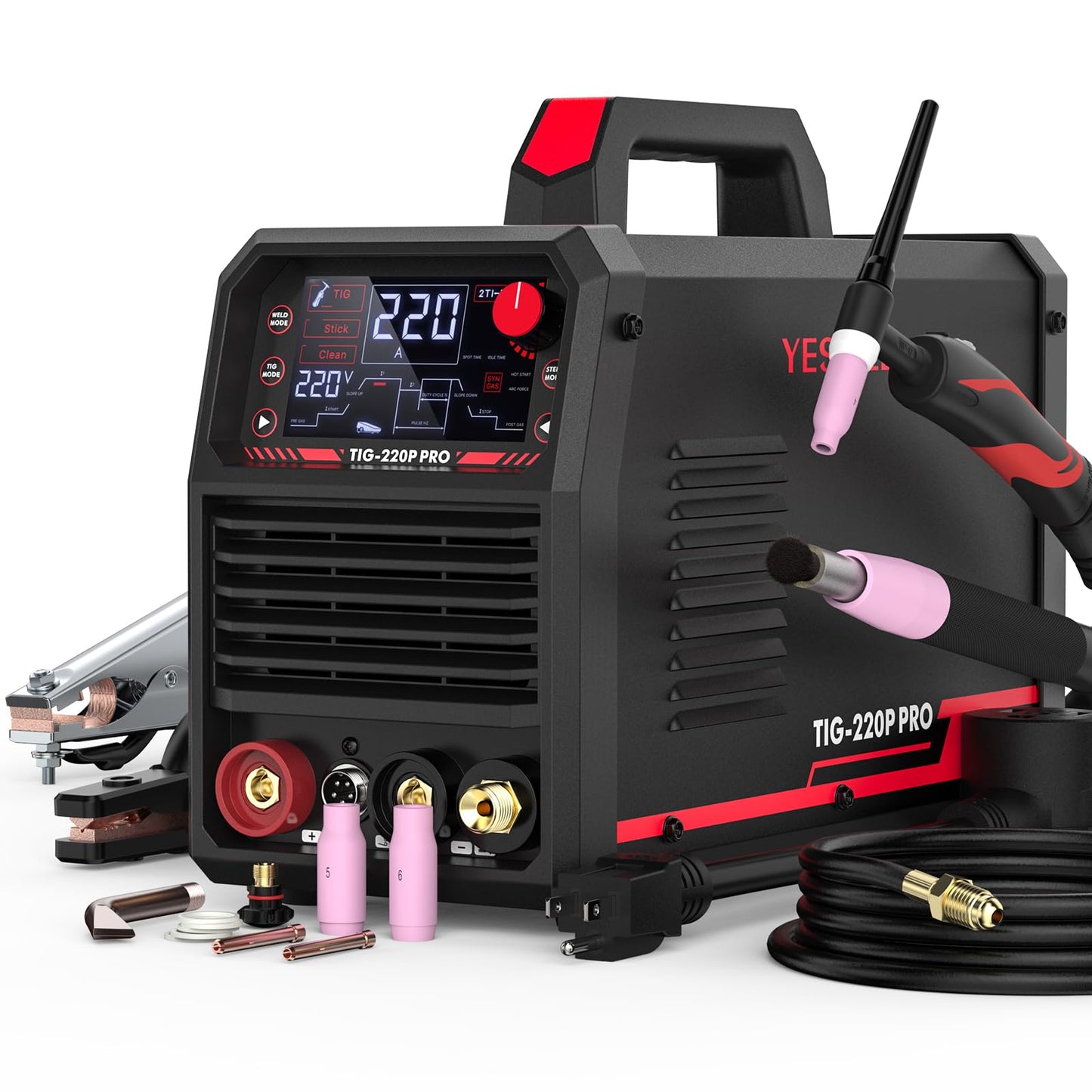 YESWELDER 220A TIG Welder 5 In 1 with Pulse, 110V/220V Dual Voltage STICK/DC TIG/PULSE TIG/COLD SPOT TIG/WELD CLEAN MODE with HF Start, Auto Post-Gas, Foot Pedal Interface