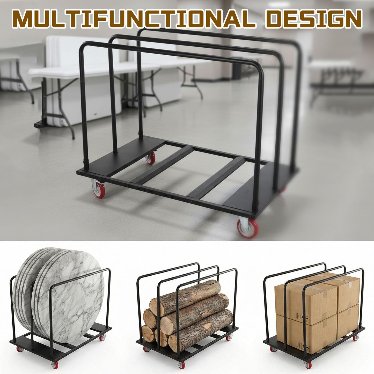 Heavy Duty Folding Table Cart Dolly, 3000 lb Capacity, Holds 20 Tables, 5" PU Swivel Wheels, Folding Transport Cart for Drywall, Panels, Boxes, Events, Warehouse Use, 46" x 39" x 29"