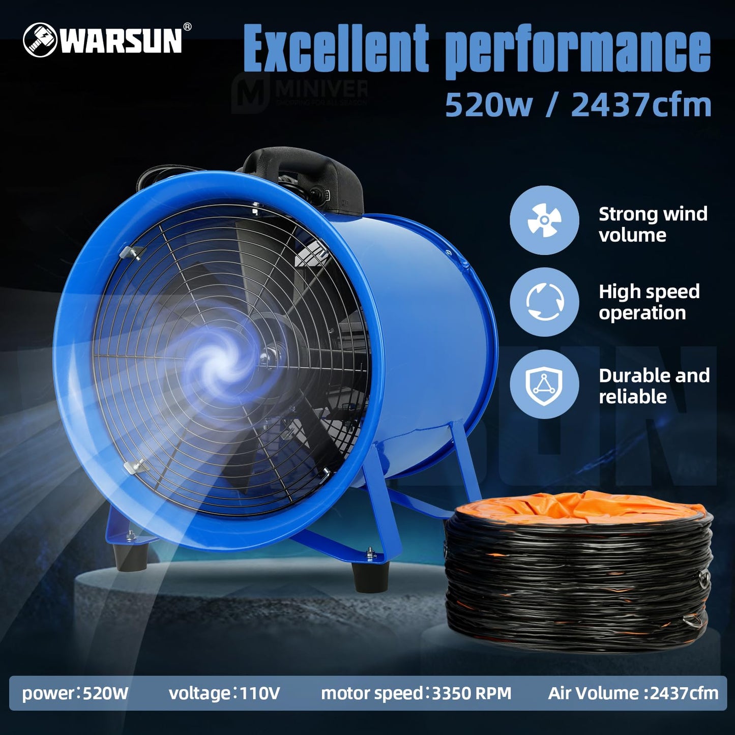 WARSUN Utility Blower 520W 12inch Exhaust Axial Fan 4100 m3/h High Velocity Portable Extractor Fan with 33Ft Duct Hose Portable Ventilator for Exhausting Ventilating at Home or Workplace 370PA