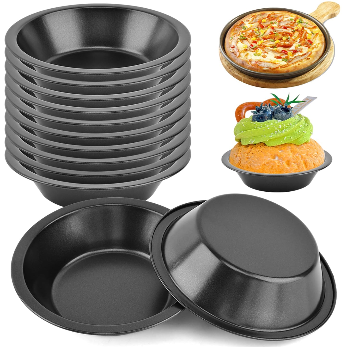 Loyanger 12 Pcs Mini Pie Pans,5 Inch NonStick Individual Dish Pie Plate Reusable Round Tins Small Bakeware for Baking Pot Pies, Cakes, Quiches, Tarts, Desserts(COLOR:Black)