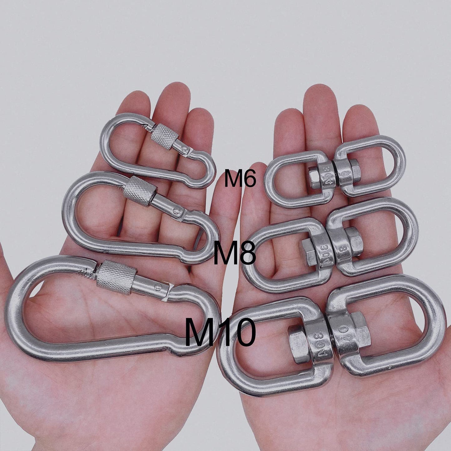2+1 Heavy Duty 304 Stainless Steel Swivel Ring Double Ended Swivel Eye Hook with SUS304 Snap Hooks for Web Tree Swing, Swing Spinner Hanger, Reliable and Safe (M8)