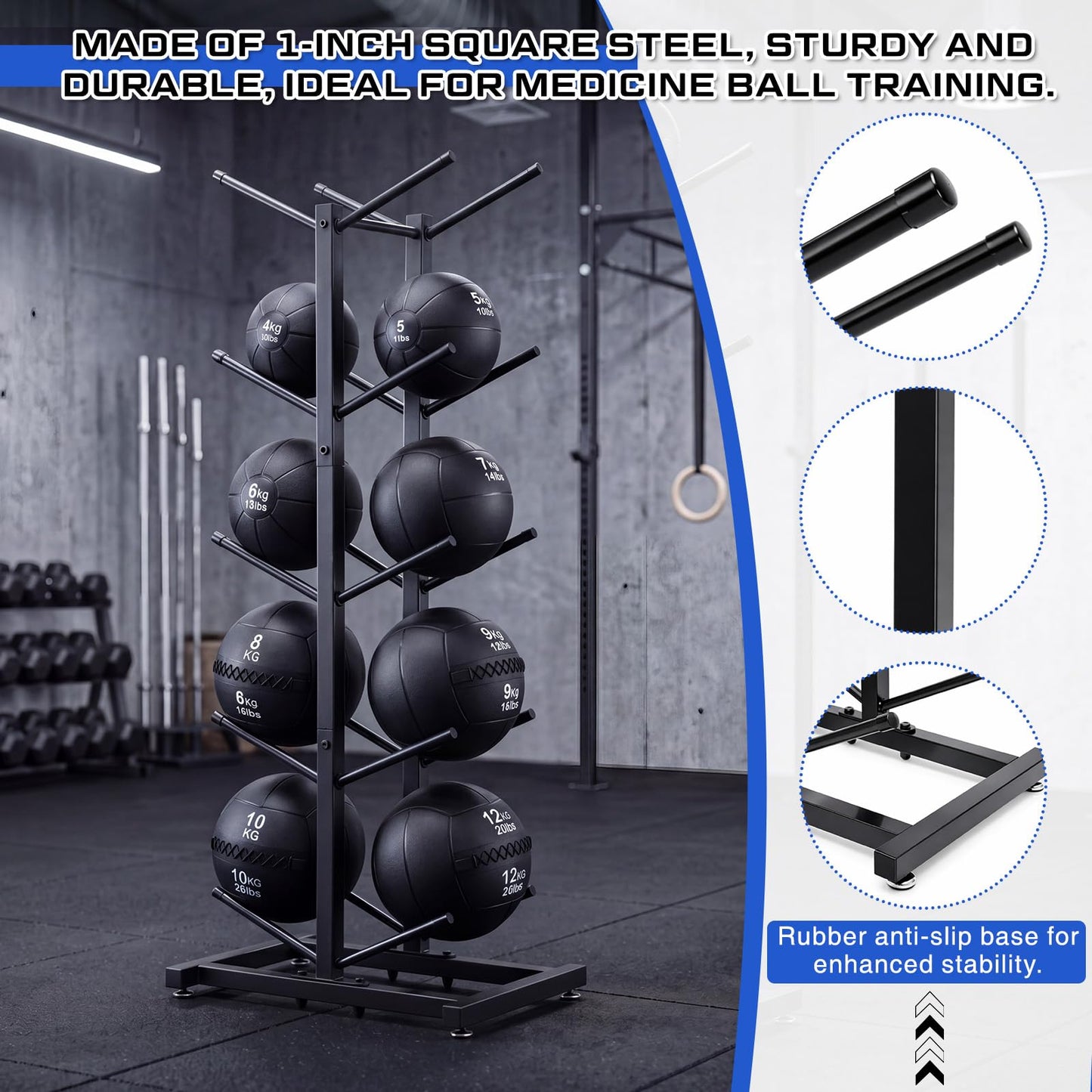 Sintuff Medicine Ball Rack Storage Metal Durable Tree Holds 10 Slam Balls up to 11 Inch Diameter Vertical Gym Organizer Stand Holder for Organized Gym Fitness Studio Commercial Equipment Storage Black