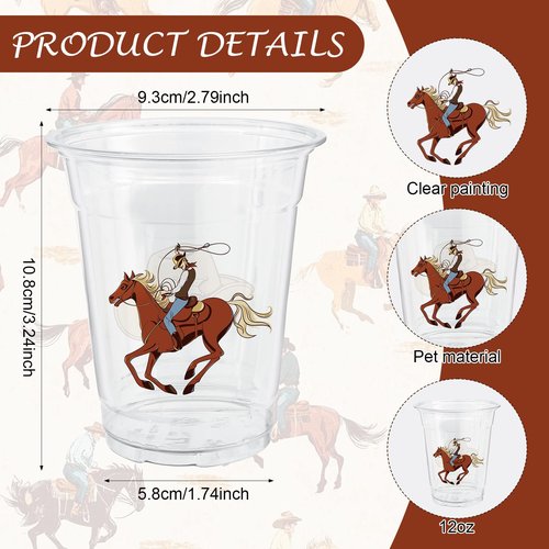 50 Pcs 12OZ Western Cowboy Plastic cups, Western Party Decorations Disposable Western Print Clear Plastic Cups Juice Soda Beverage Birthday Party Favors For Western Cowboy Themed Party Supplies