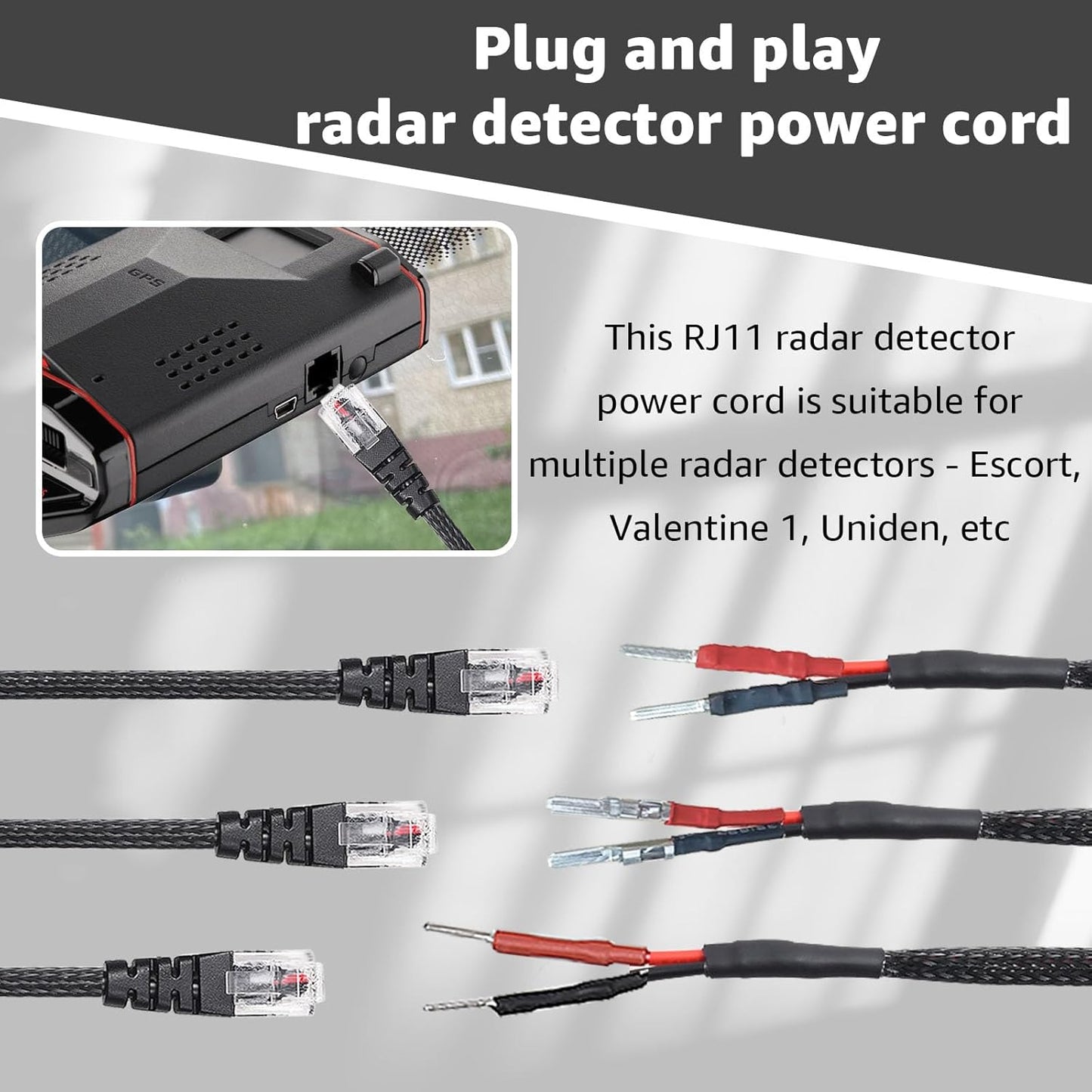 16.5" Set (3-Piece Set) (RJ11) Radar Detector Hardwire Power Cord Mirror Wire Plug Tap - Compatible with Escort Uniden