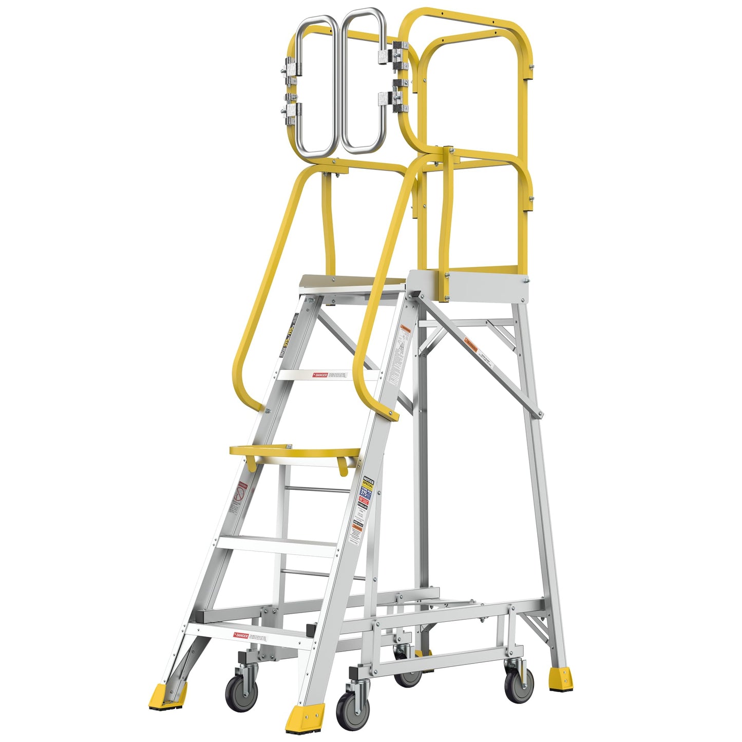 WIILAYOK 5 Step Ladder Aluminum Rolling Platform Ladders with 360° Guardrail System, Industrial Safety Non-Slip Rolling Ladder with Wheels for Warehouse, Garage, 375 lbs Capacity