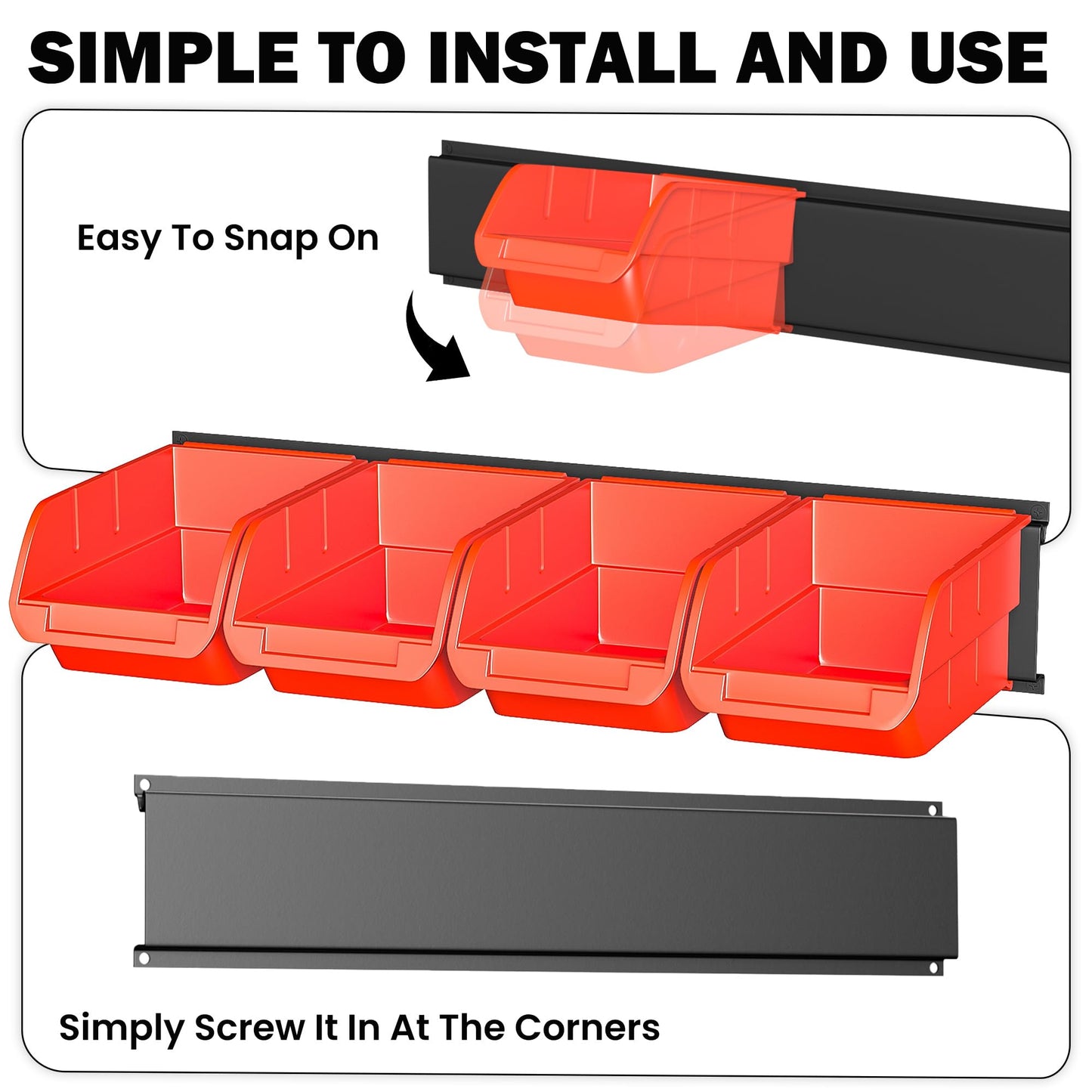 Ultrawall Wall Mounted Storage Bins, Plastic Hanging Storage Organizer Bins, Garage Tool Storage System for Screws, Nuts, Bolts, Nails, and Small Hardware Parts, 16x bins & 4 x rails, Orange