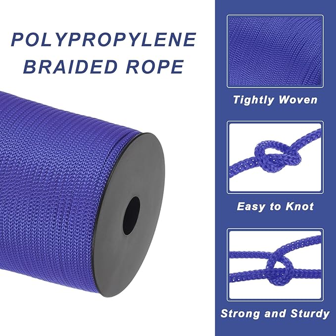 MECCANIXITY 5/32 Inch Polypropylene Rope Braided Ropes, 328ft Camping Rope Hollow Utility Cord for Clothesline, Hiking, Outdoor, Dark Blue
