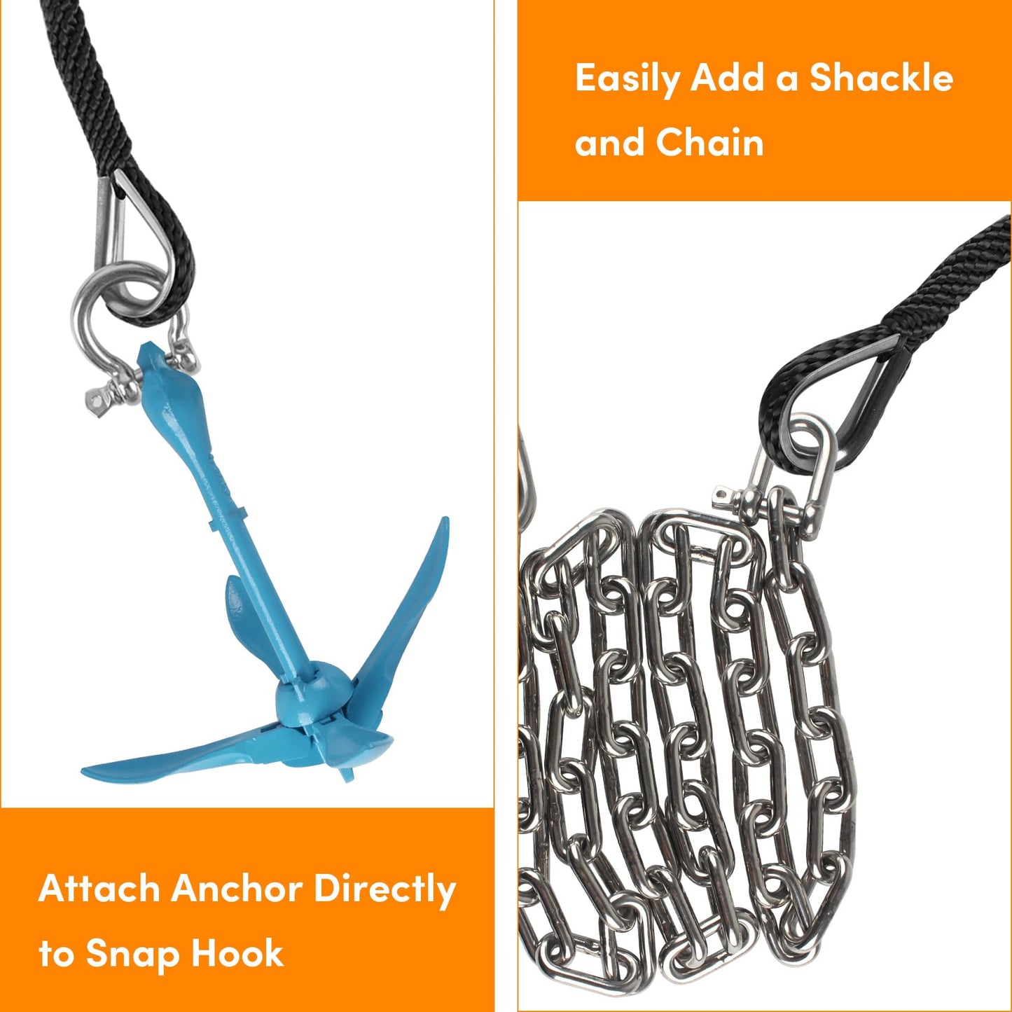 Anchor Rope 50 Ft X 3/8 Inch, Premium Solid Braid MFP Anchor Line, Boat Anchor Rope with Stainless Steel Thimble and Shackle (Black)