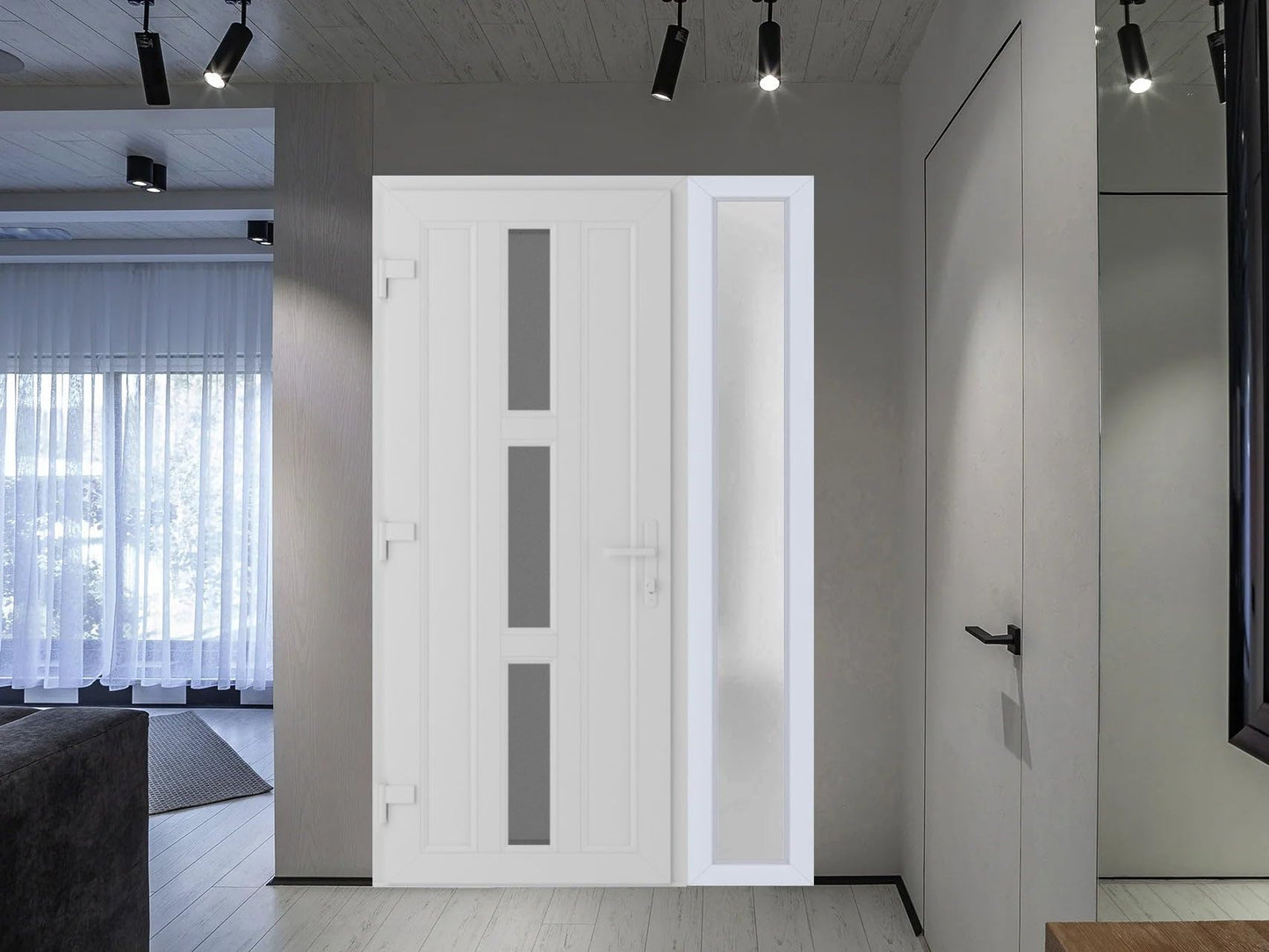 VDOMDOORS Front Exterior Prehung Metal-Plastic Door Frosted Glass | Manux 8112 White Silk | Side Sidelite Transom | Residential Doors Entrance Patio Garage 50 x 80 (W36+14 x H80) Right-Inswing
