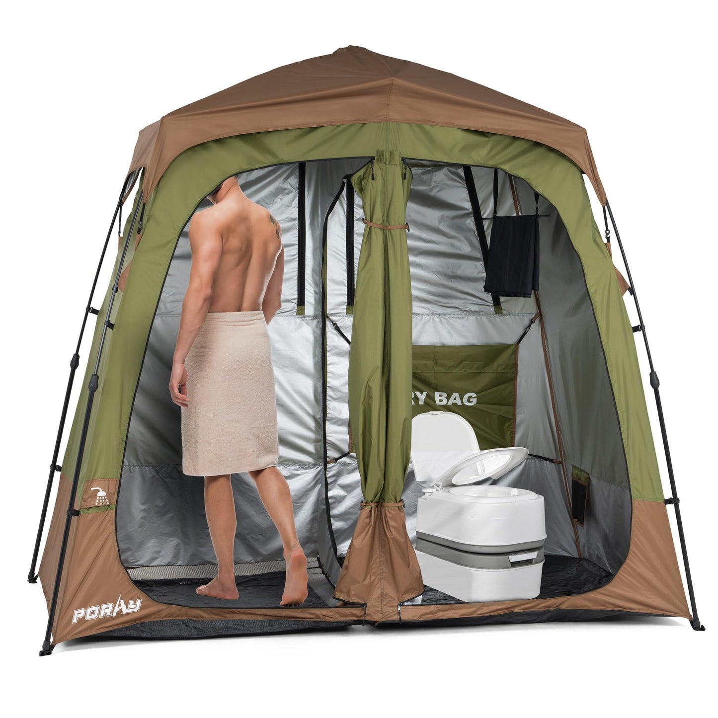 Porayhut Portable Camping Shower Tent Deluxe Changing Room Easy Set Up Privacy Shelter,Large Toilet Tent 2 Rooms with Floor Drain Design for Beach, Camping,Hiking with Stakes and Ropes for Stability
