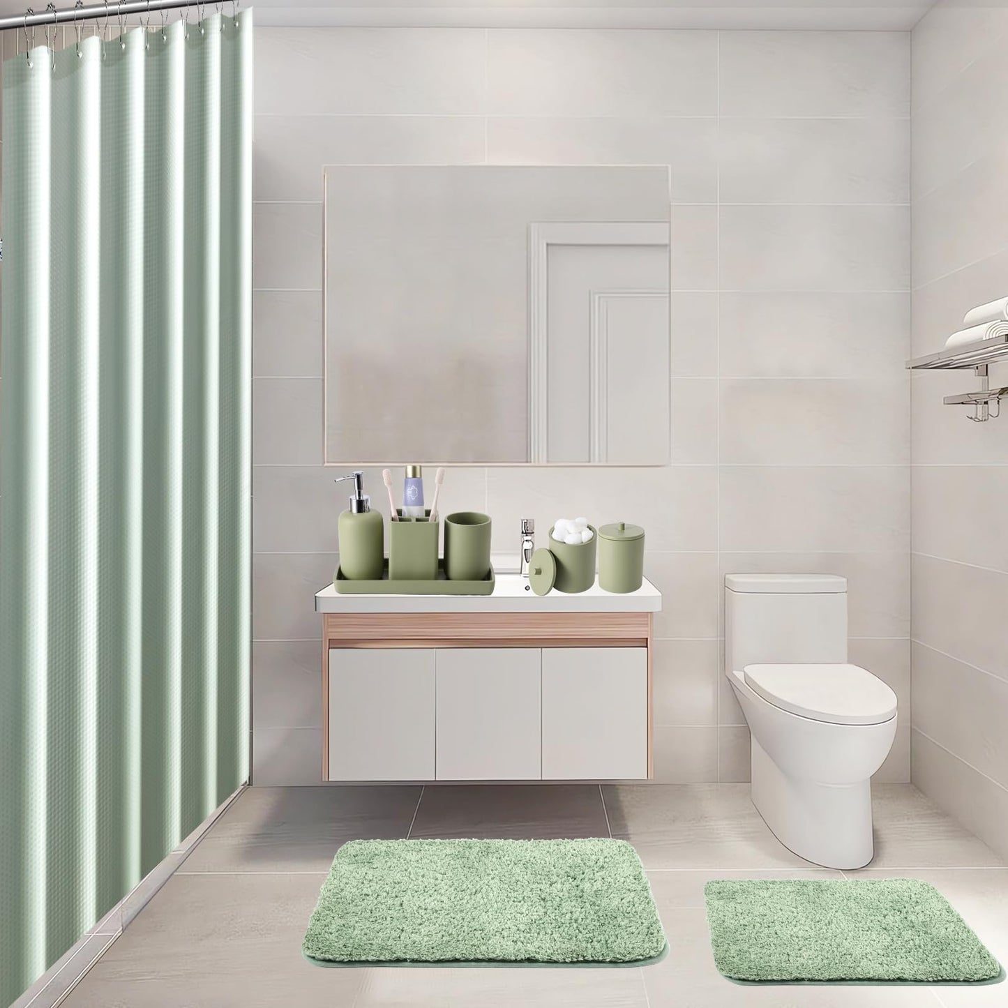 Sage Green Bathroom Accessories Set with Shower Curtain and Mats, 21 Pcs Resin Toothbrush Holder Sets with Holder and Lotion Soap Dispenser,Bathroom Countertop Organizer Set for Home Apartment