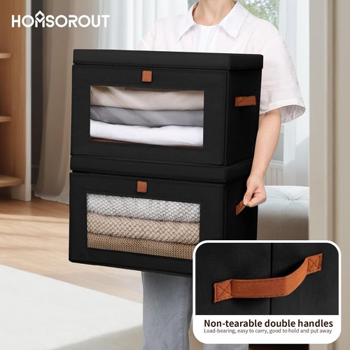 Homsorout Collapsible Storage Bins - Large Stackable Organizer Bins with Handles & Window | 2 Pack, Black
