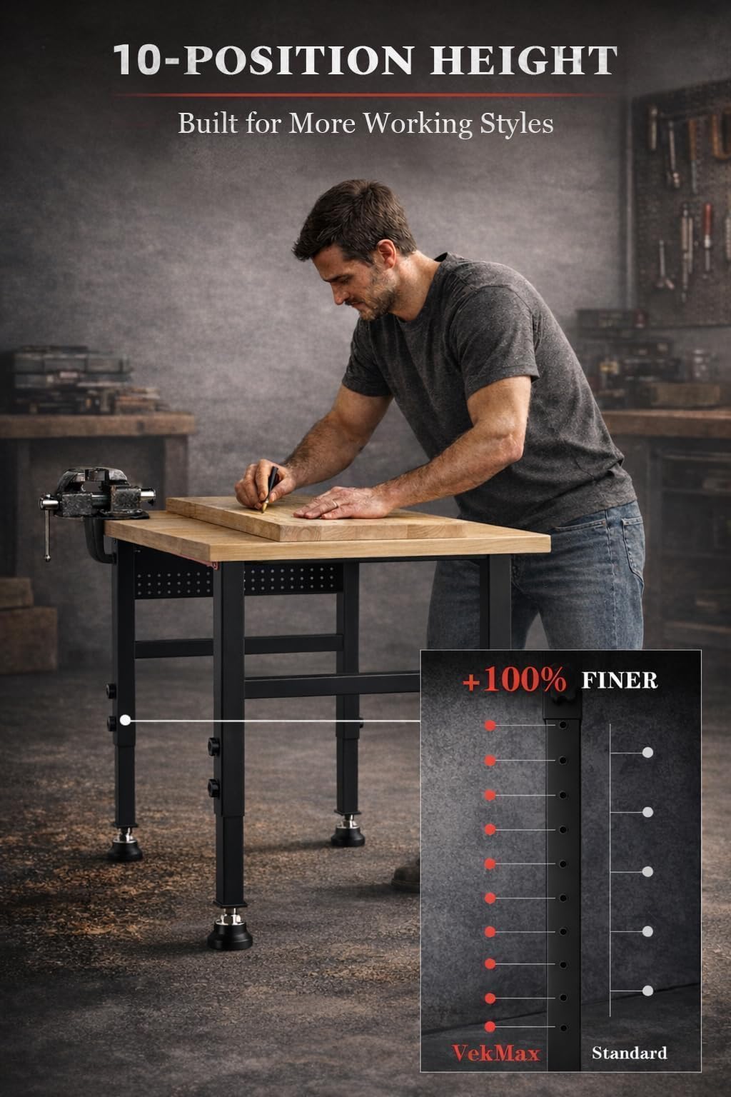 VekMax 48" Workbench with Feet, Adjustable Height Workbench with Power Strip & Pegboard, 2000LBS Load Capacity Solid Wood Top Work Table with Reinforced Steel Frame for Garage, Workshop, Office, Home