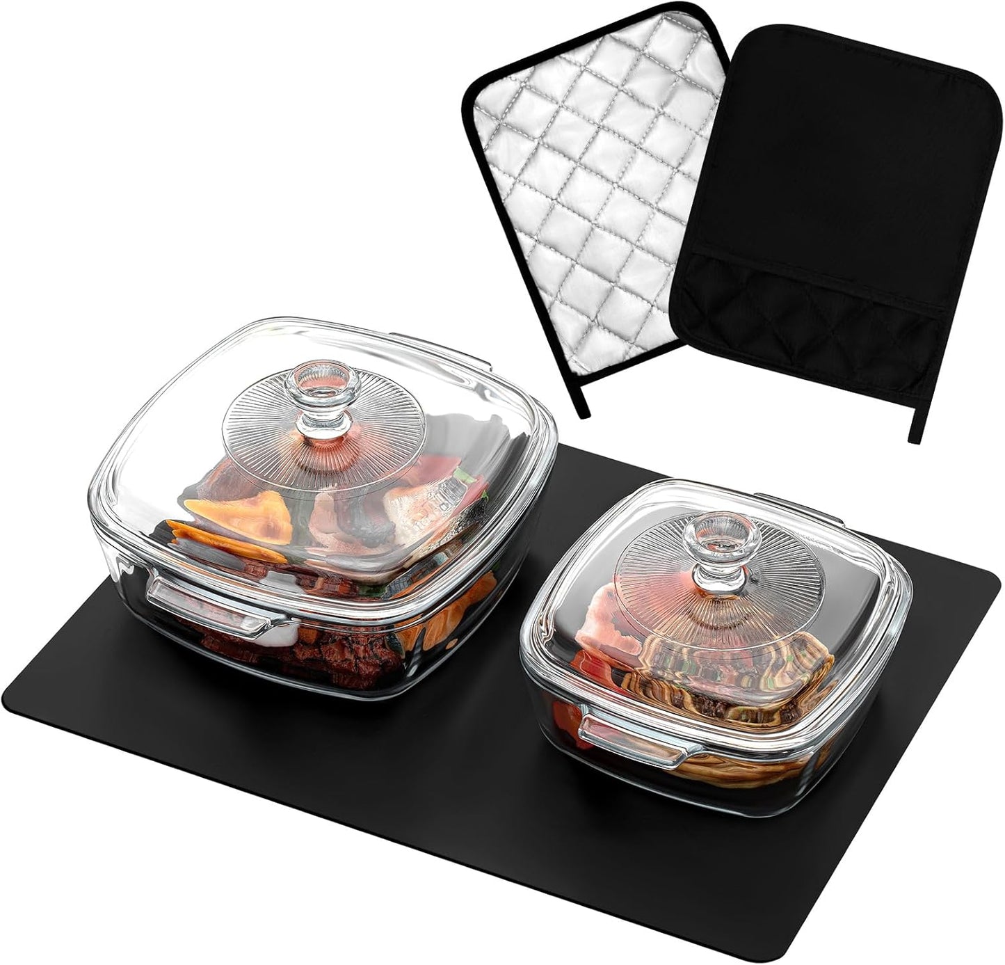 Teenyyou Glass Casserole Dish Set - 2 Pcs with Lid, Baking Gloves & Heat Resistant Mat | 1.5L & 0.8L